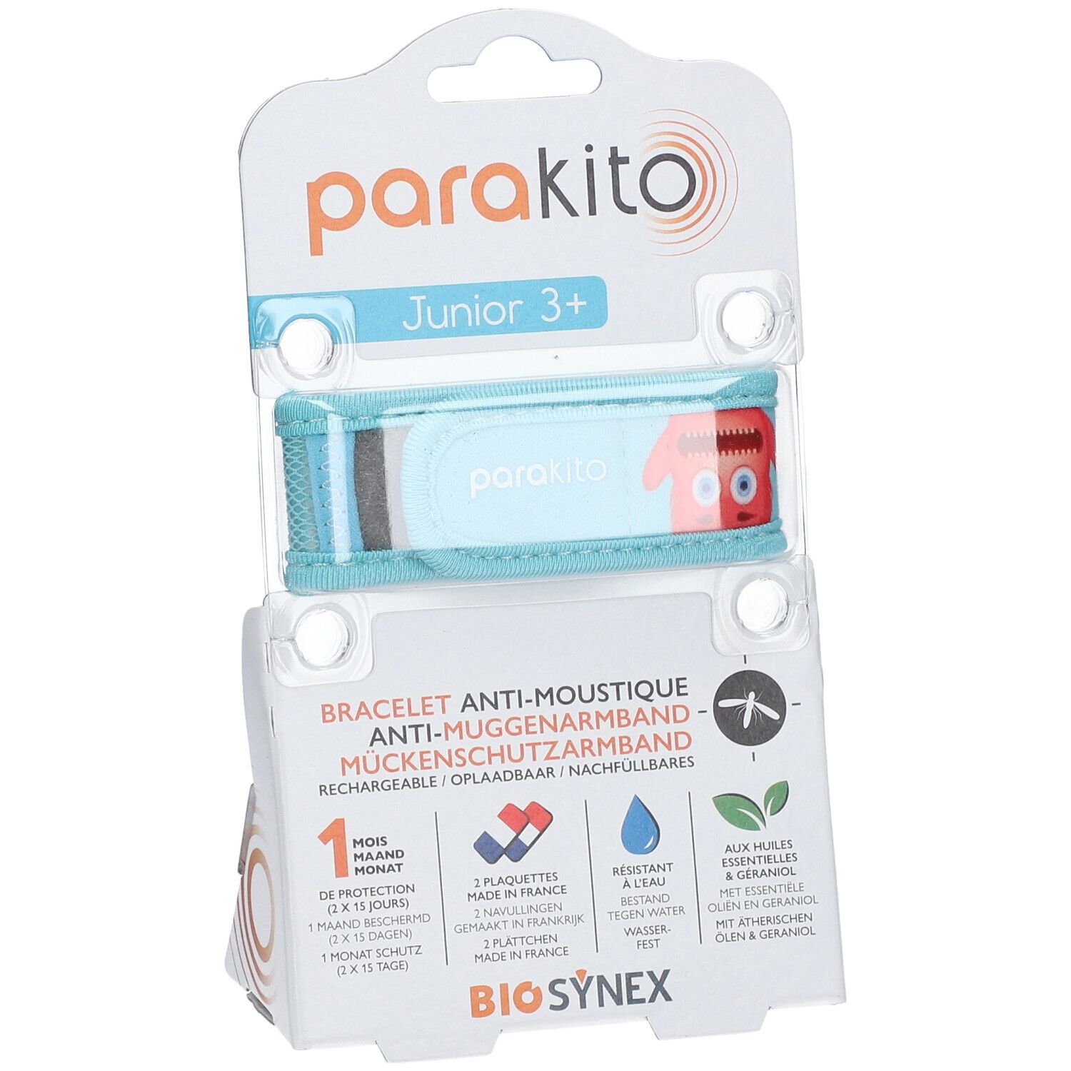 ParaKito Junior 3+ anti-muggenarmband, blauw, monsterdesign. Verpakking met productinfo.
