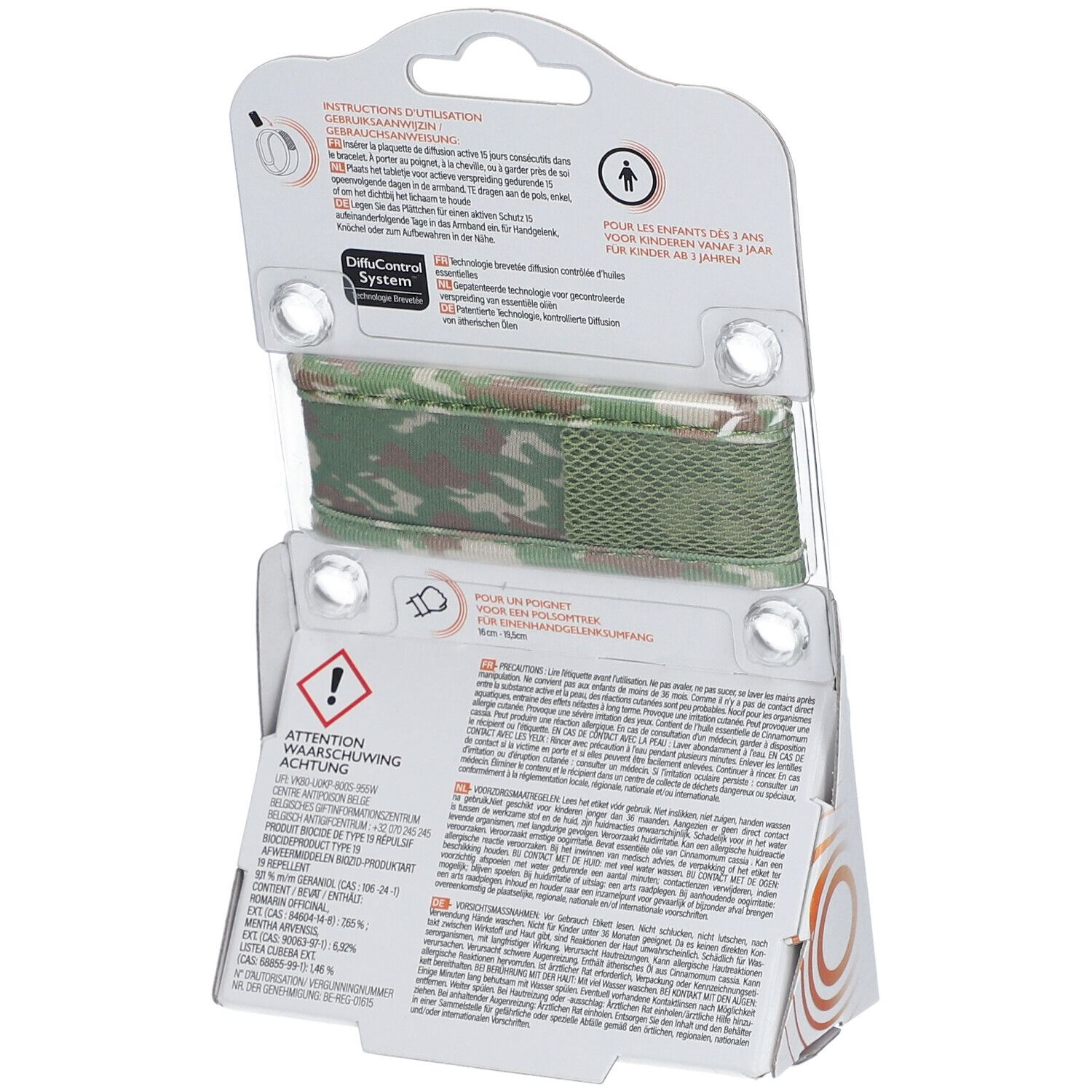 Dos de l'emballage ParaKito Junior 3+. Instructions et avertissements. Bracelet vert camouflage visible.