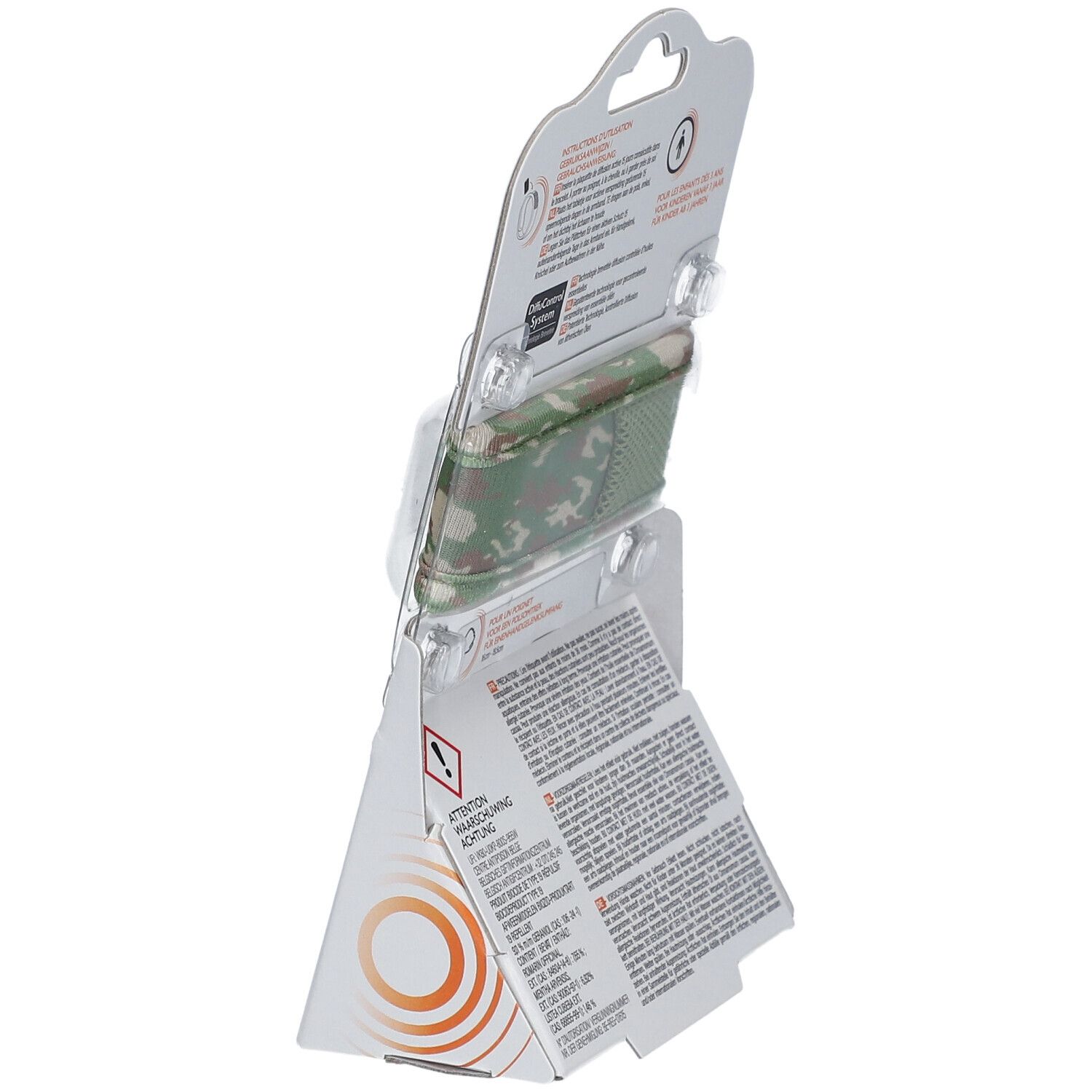 Vue oblique du dos de l'emballage ParaKito Junior 3+. Instructions et avertissements. Bracelet vert camouflage visible.