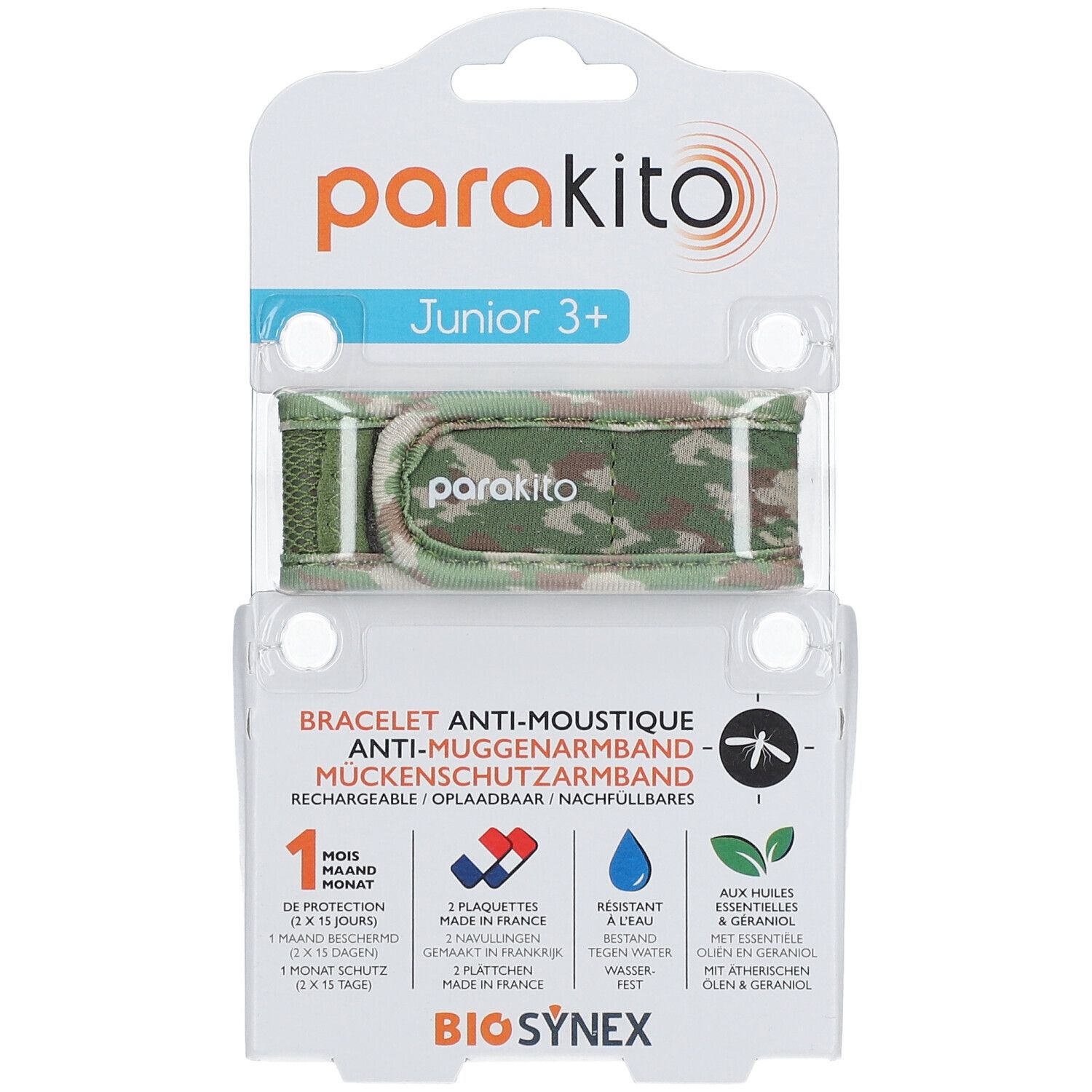 Bracelet ParaKito Junior 3+ Camouflage en emballage. Bracelet vert camouflage avec bande blanche. Informations produit.