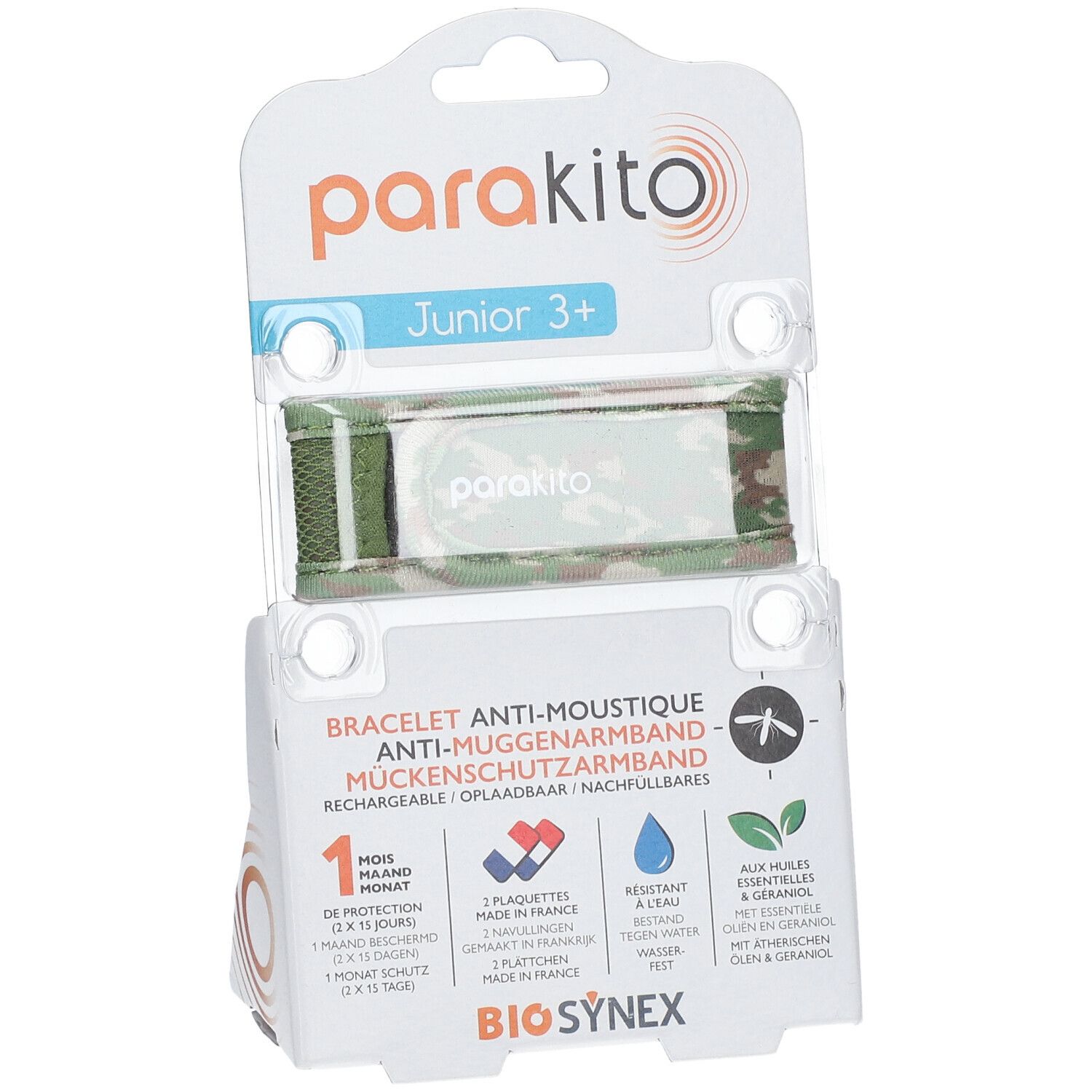 Bracelet ParaKito Junior 3+ Camouflage en emballage. Bracelet vert camouflage avec bande blanche. Informations produit.