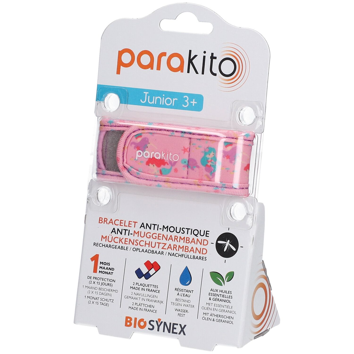 Roze armband met zeemeerminpatroon in verpakking. Tekst: ParaKito Junior 3+. Anti-muggen armband. 1 maand bescherming. BioSynex.