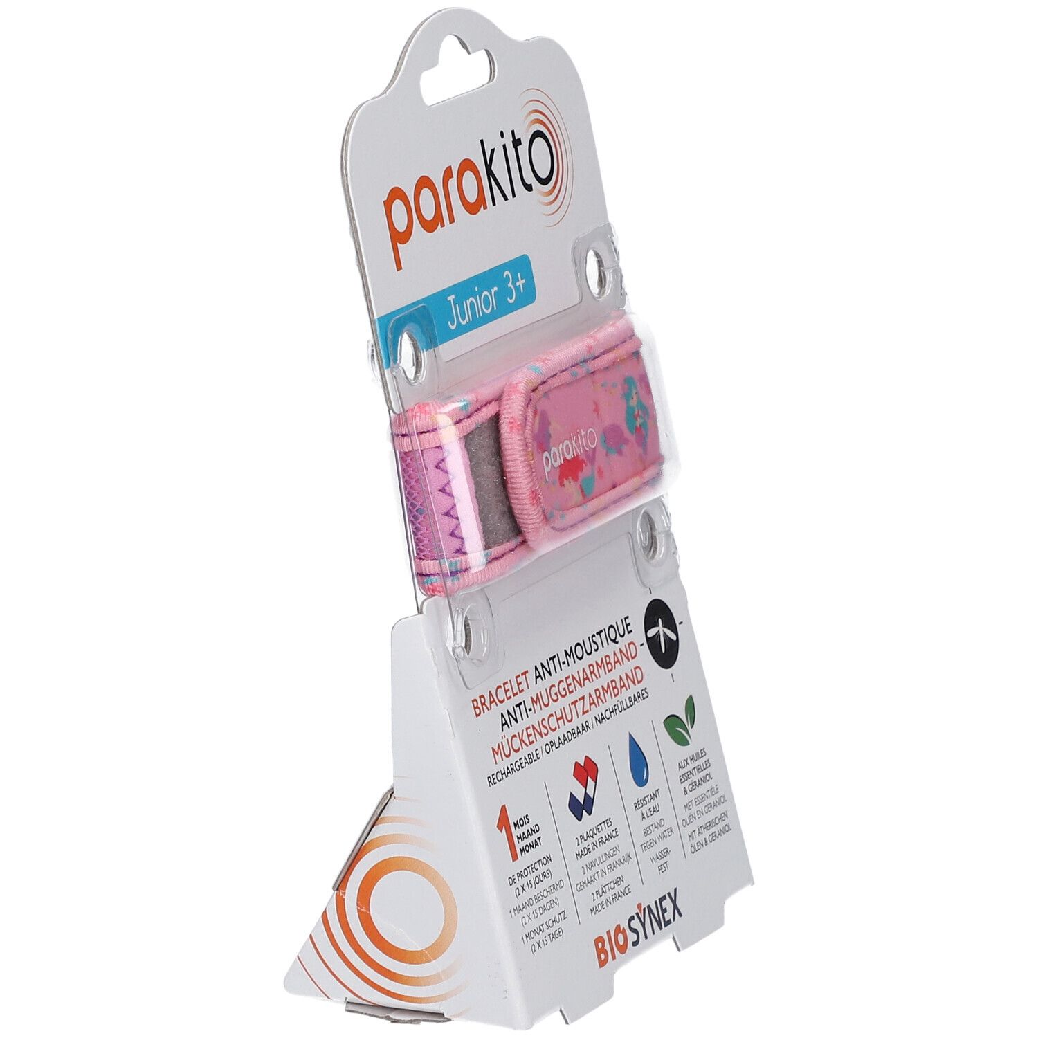 Roze armband met zeemeerminpatroon in verpakking. Tekst: ParaKito Junior 3+. Anti-muggen armband. BioSynex. Schuine weergave.