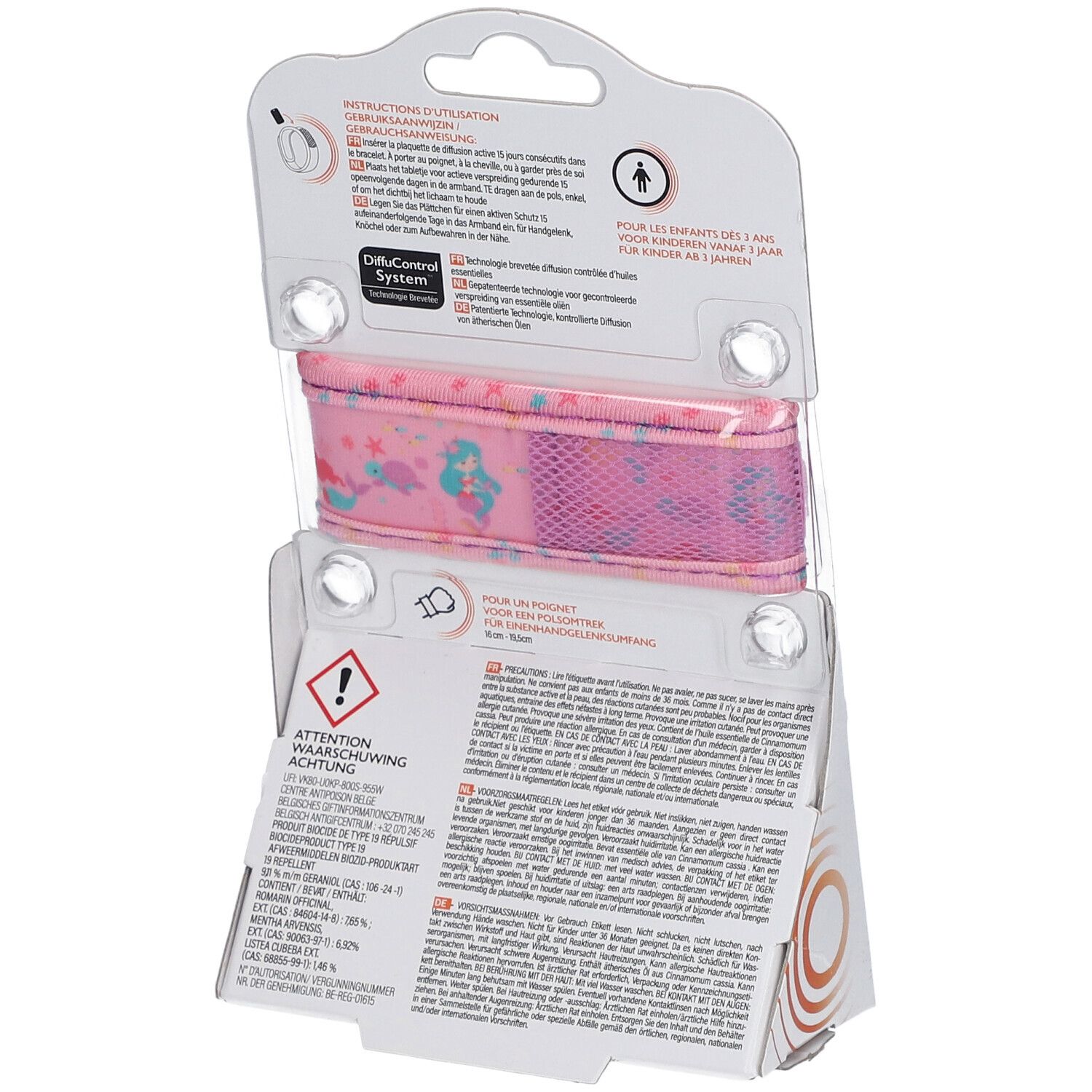 Achterkant van de verpakking. Roze armband met zeemeerminpatroon. Tekst: ParaKito. Waarschuwing. Gebruiksaanwijzing. Voor kinderen vanaf 3 jaar.