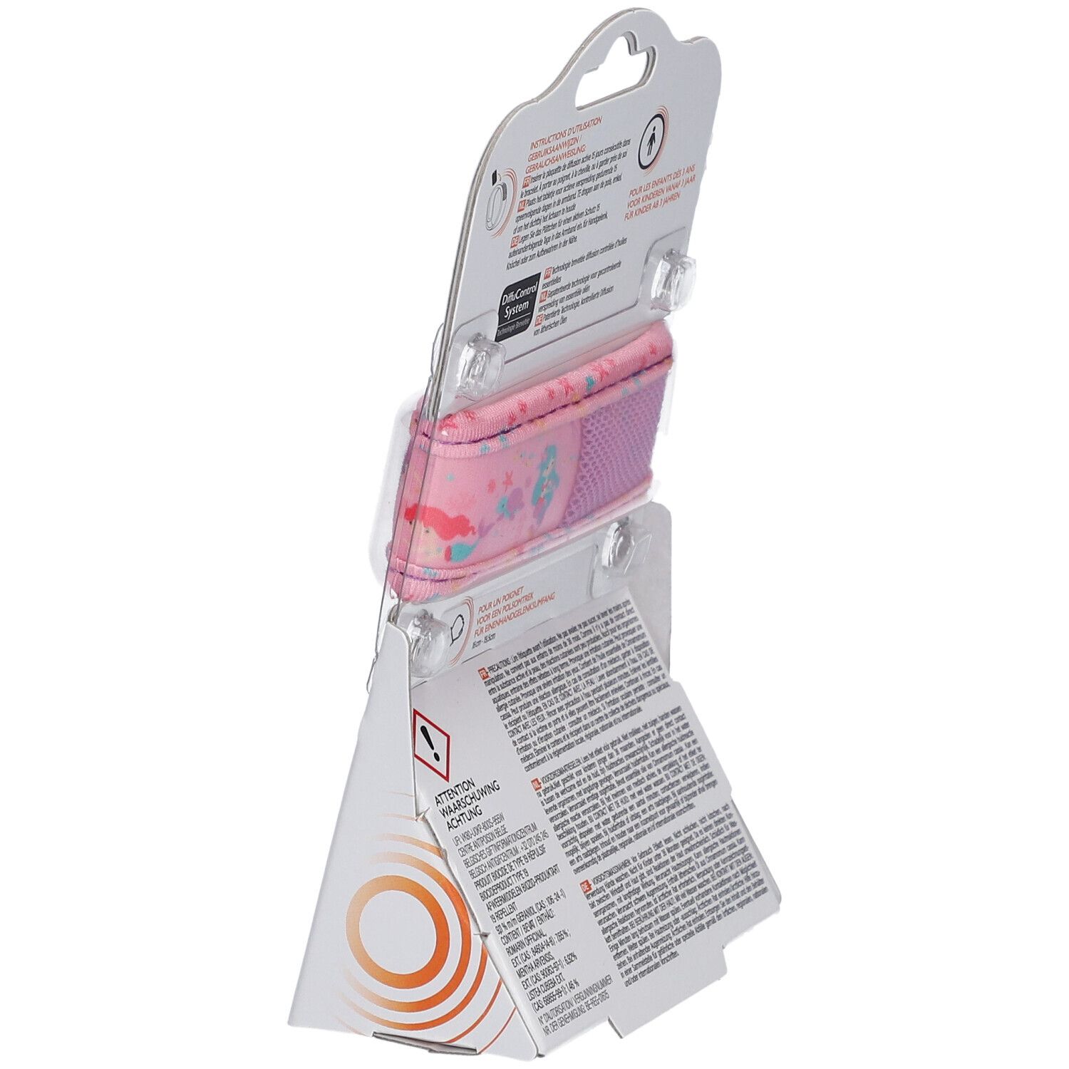 Achterkant van de verpakking. Roze armband met zeemeerminpatroon. Tekst: ParaKito. Waarschuwing. Gebruiksaanwijzing. Voor kinderen vanaf 3 jaar.