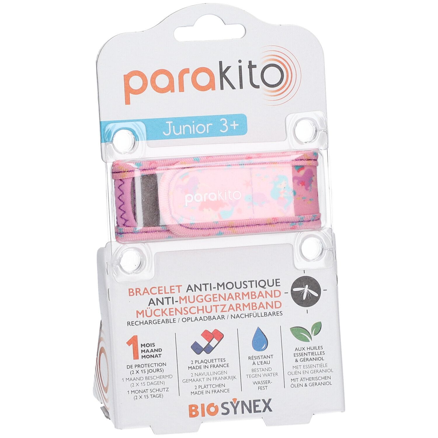 Roze armband met zeemeerminpatroon in verpakking. Tekst: ParaKito Junior 3+. Anti-muggen armband. BioSynex.