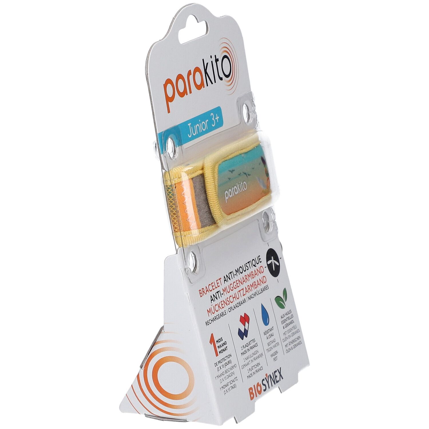 Geel armband in verpakking. ParaKito Junior 3+. Anti-muggenarmband. BioSynex. Schuine weergave.