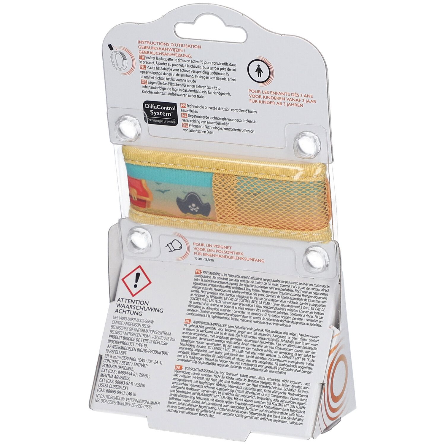Achterkant van de verpakking. Geel armband. Tekst: ParaKito, Junior 3+. Waarschuwing. Gebruiksaanwijzing.