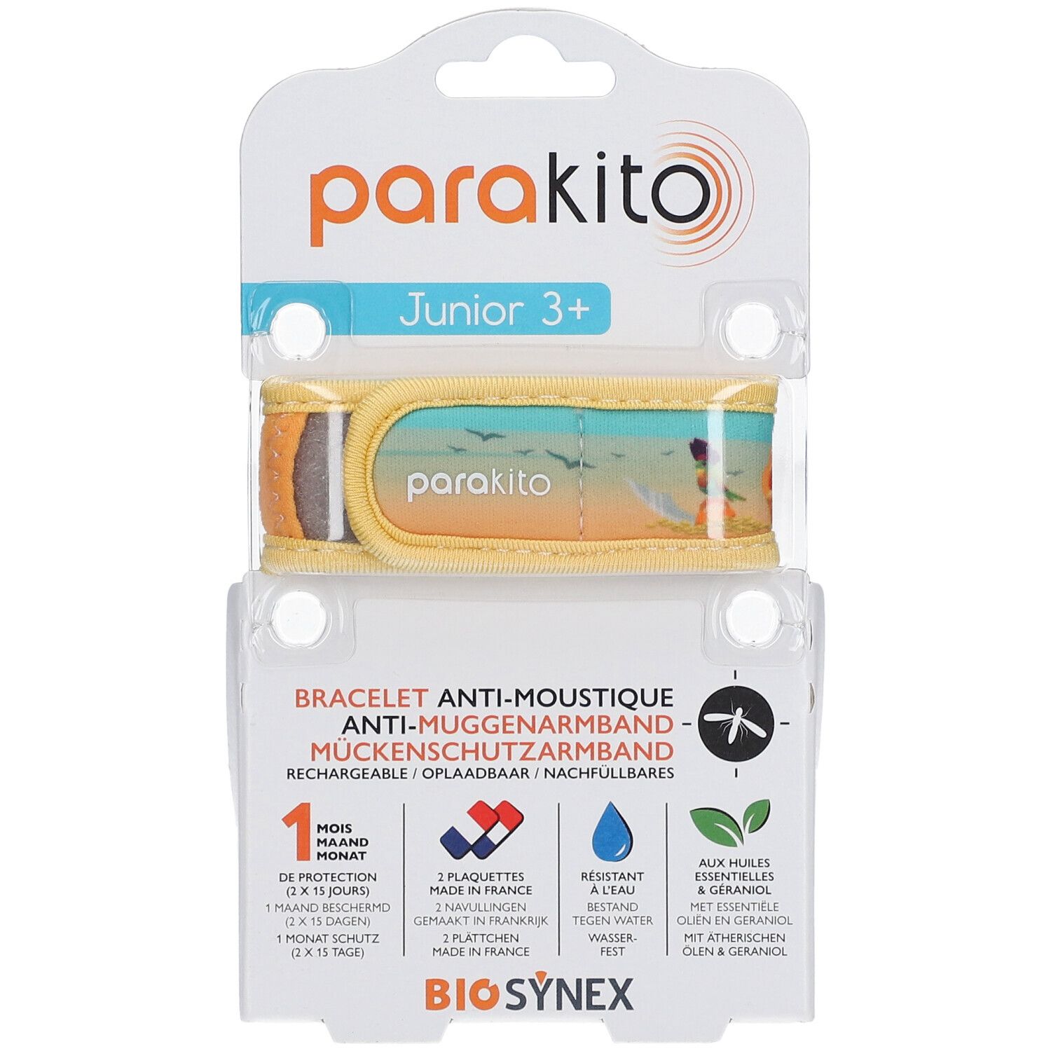 Geel armband met verpakking. Tekst: ParaKito Junior 3+. Anti-muggenarmband. BioSynex.