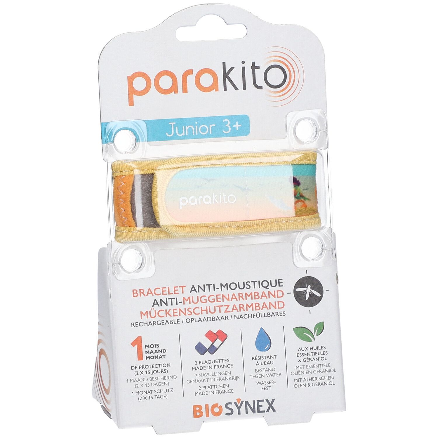 Geel armband met verpakking. Tekst: ParaKito Junior 3+. Anti-muggenarmband. BioSynex.