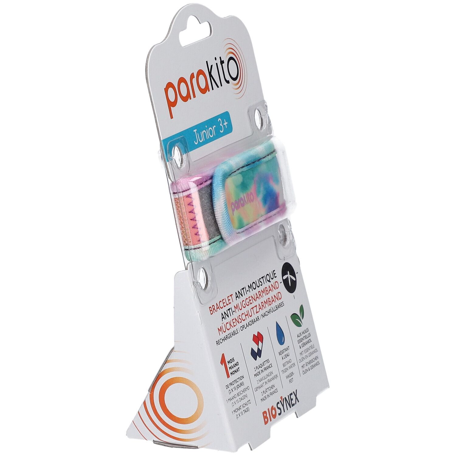 Bracelet ParaKito Junior 3+ dans son emballage. Bracelet coloré. Texte: Anti-moustique, résistant à l'eau, 1 mois de protection.