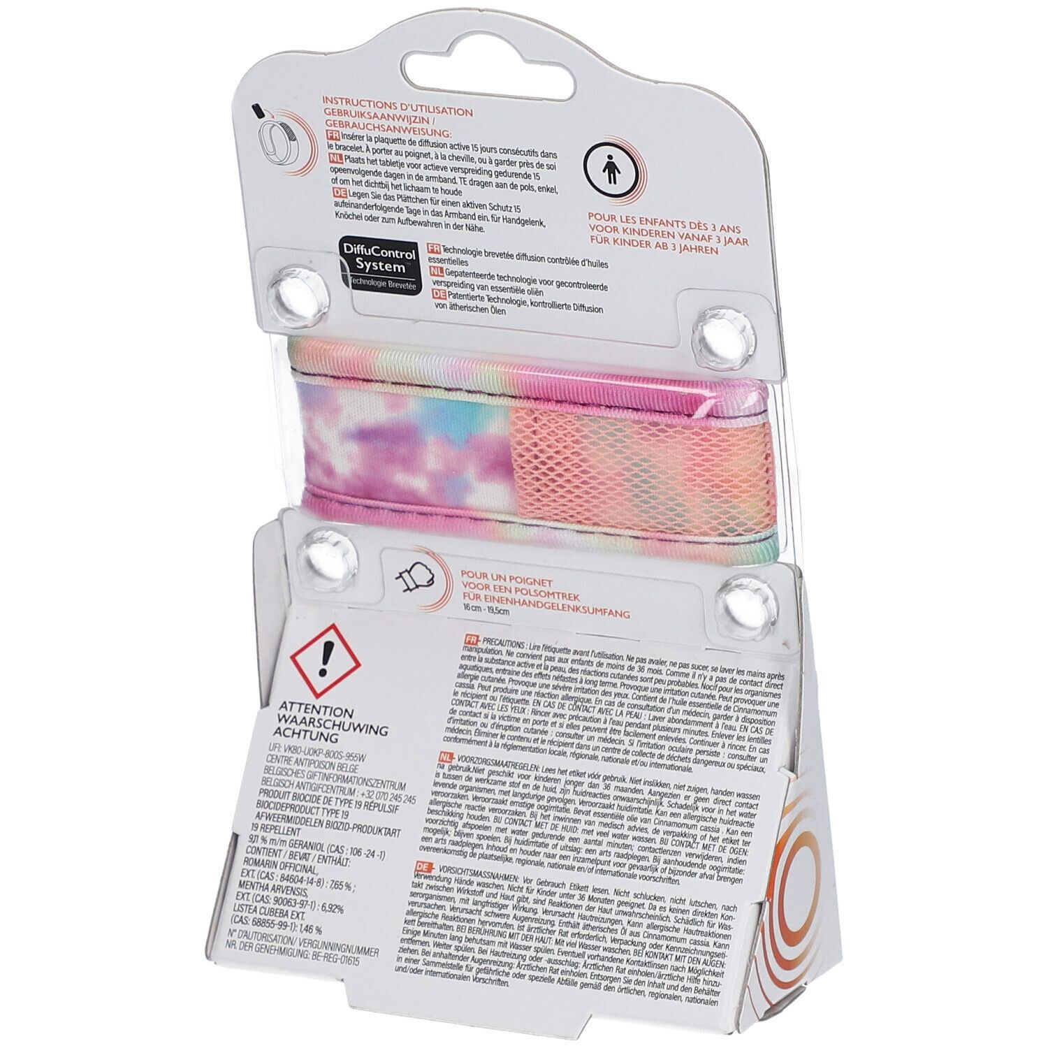 Dos de l'emballage ParaKito Junior 3+. Texte et pictogrammes. Mode d'emploi. Avertissements. DiffuControl System.