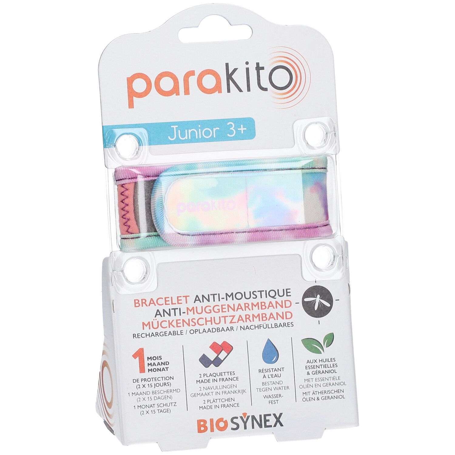 Bracelet ParaKito Junior 3+ dans son emballage. Bracelet coloré. Texte: Anti-moustique, 1 mois de protection, résistant à l'eau.