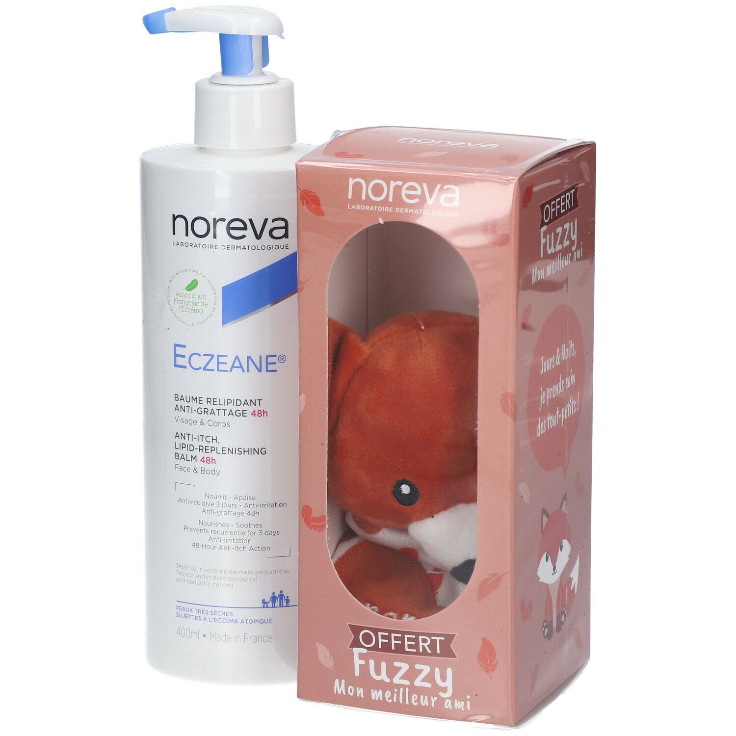 Flacon blanc avec pompe bleue et étiquette produit. À côté, coffret cadeau avec peluche renard.