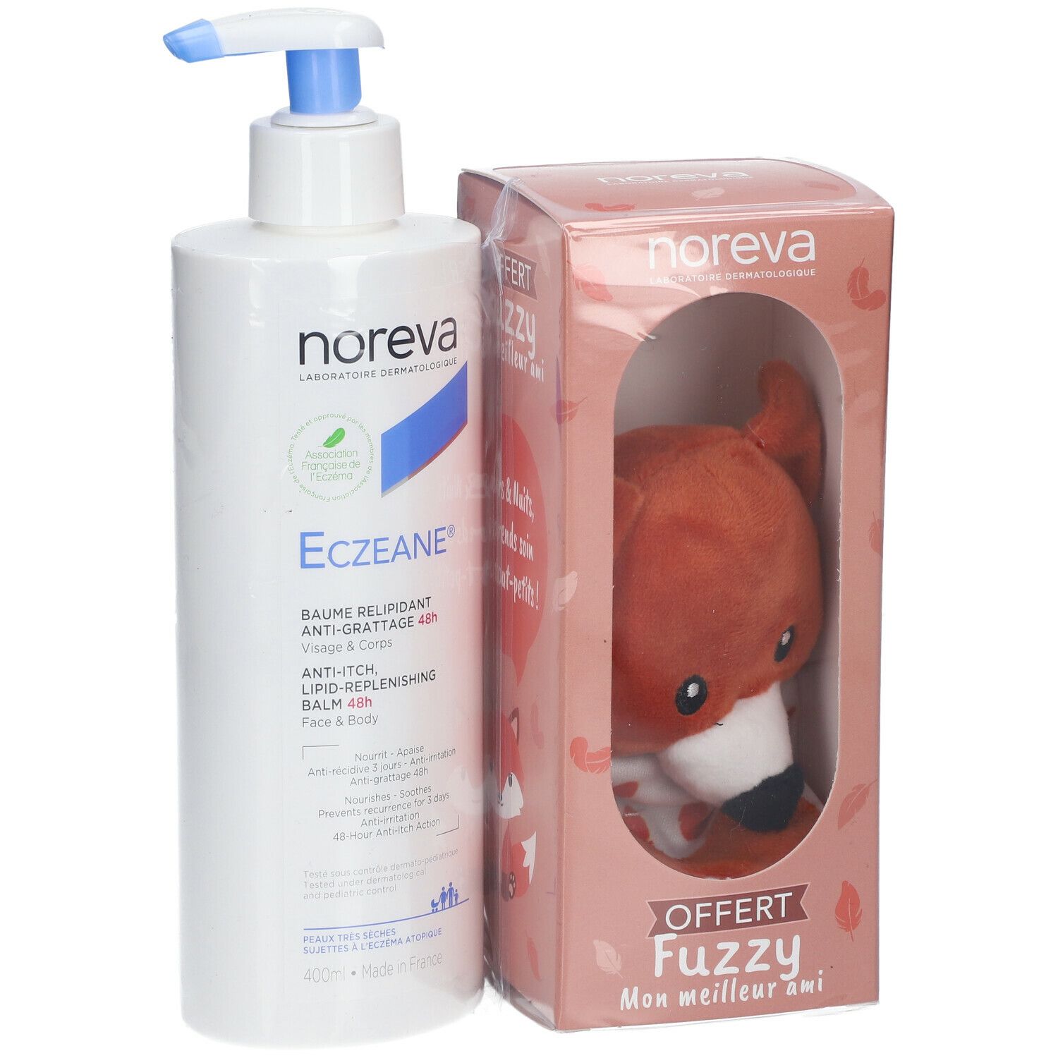 Flacon blanc avec pompe bleue et étiquette produit. À côté, coffret cadeau avec peluche renard.