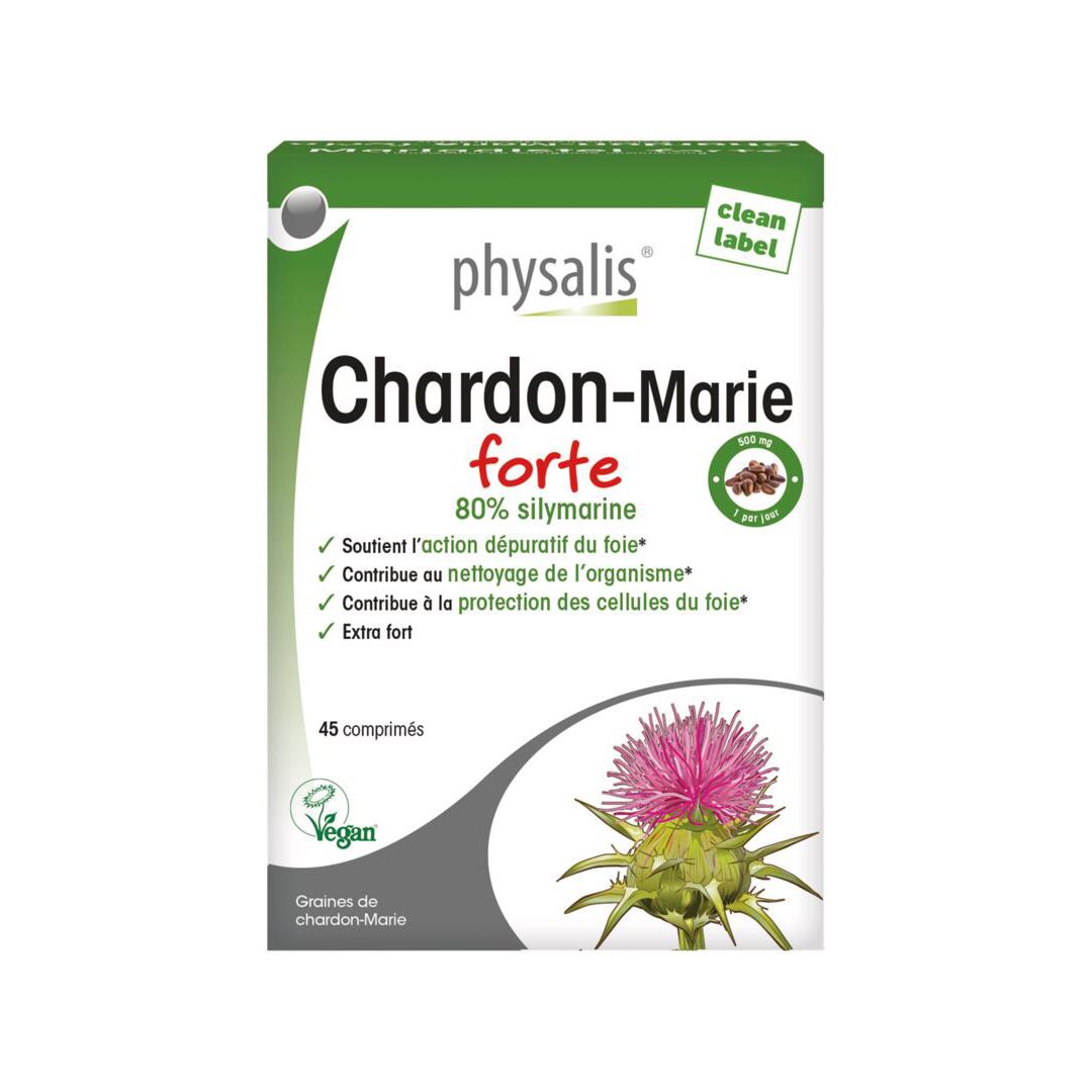 Boîte de Physalis Chardon-Marie Forte. 45 comprimés, 80% silymarine. Label vegan. Design vert et blanc avec illustration de chardon.