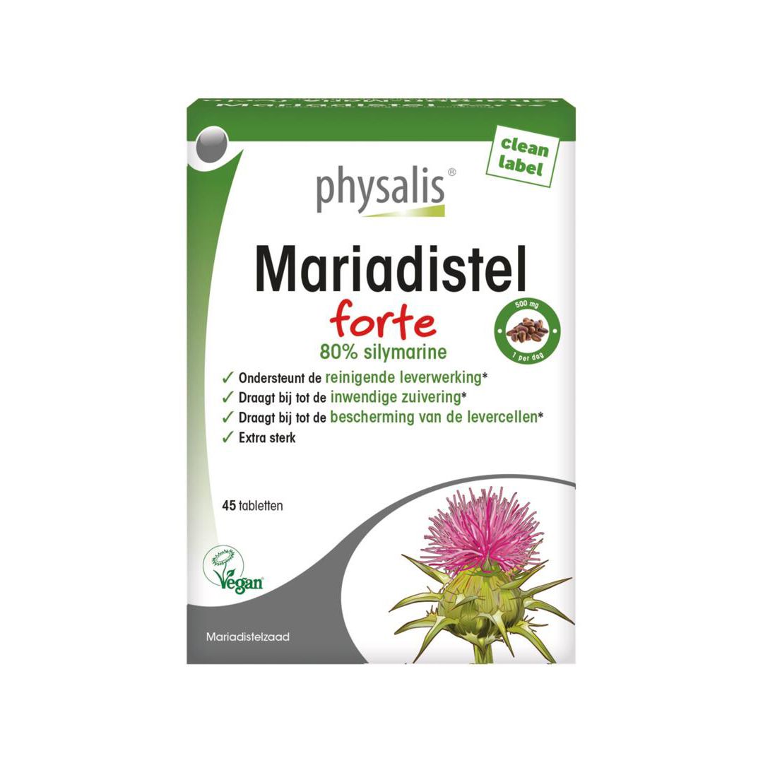 Doos Physalis Mariadistel Forte. 45 tabletten, 80% silymarine. Vegan label. Groen-wit ontwerp met distel illustratie.