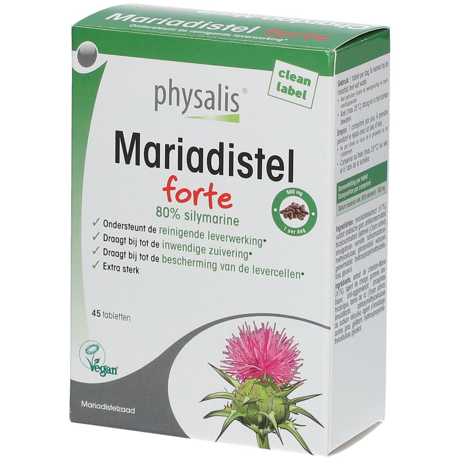 Doos Physalis Mariadistel Forte. 45 tabletten, 80% silymarine. Vegan label. Groen-wit ontwerp met distel illustratie.