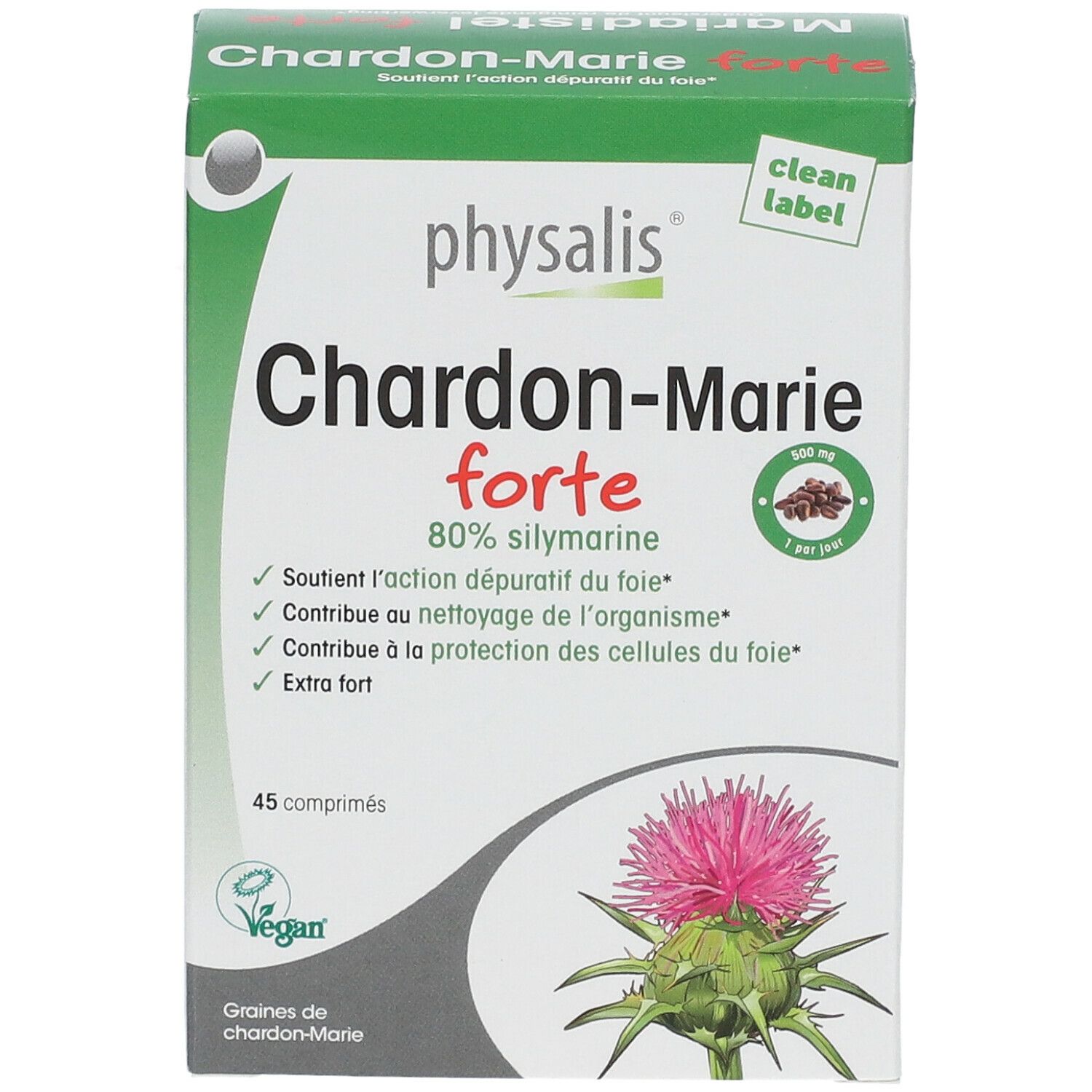 Doos Physalis Chardon-Marie Forte. 45 tabletten, 80% silymarine. Vegan label. Groen-wit ontwerp met distel illustratie.