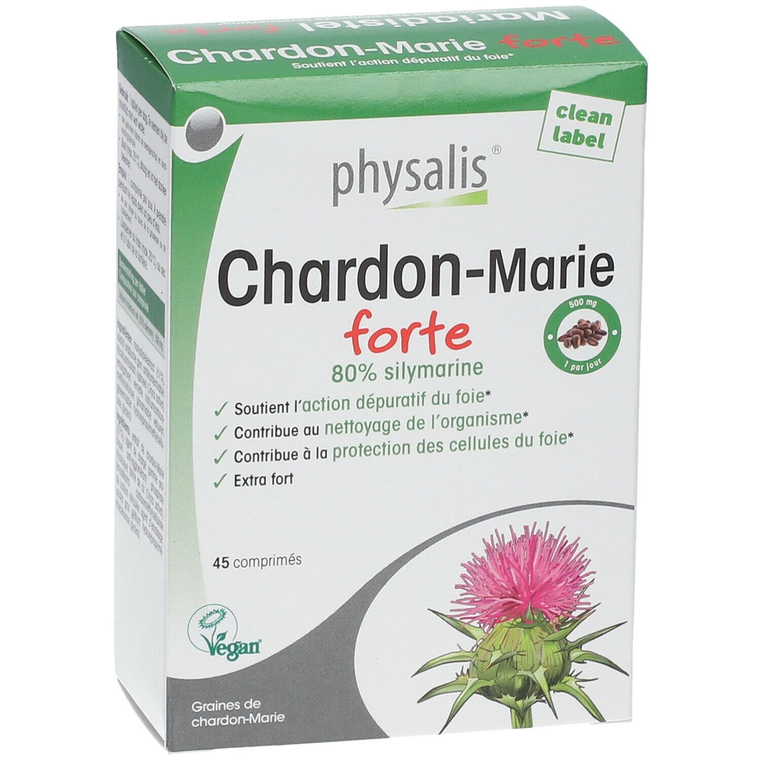 Doos Physalis Chardon-Marie Forte. 45 tabletten, 80% silymarine. Vegan label. Groen-wit ontwerp met distel illustratie.