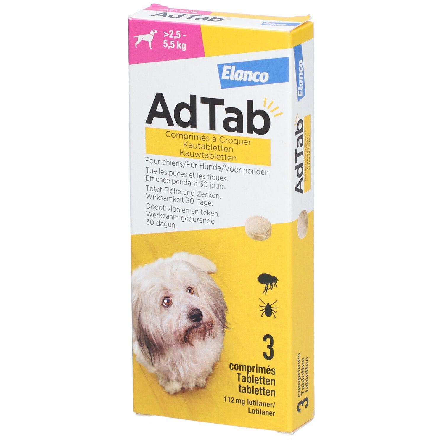 Boîte AdTab pour chiens. Contient 3 comprimés à croquer. Inscriptions: nom de la marque, chien, poids, ingrédients.