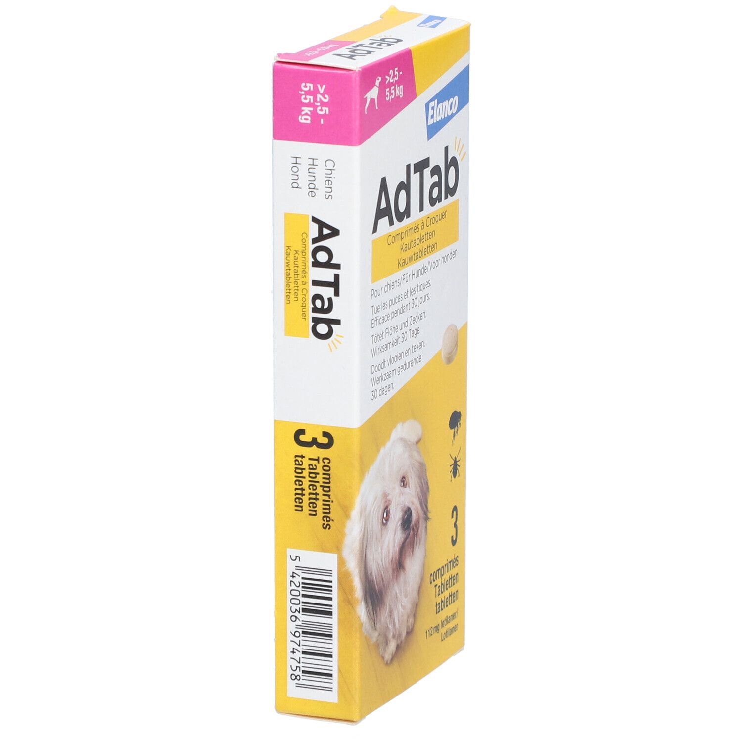 Boîte AdTab en biais. Contient 3 comprimés à croquer. Inscriptions: nom de la marque, chien, poids, ingrédients.