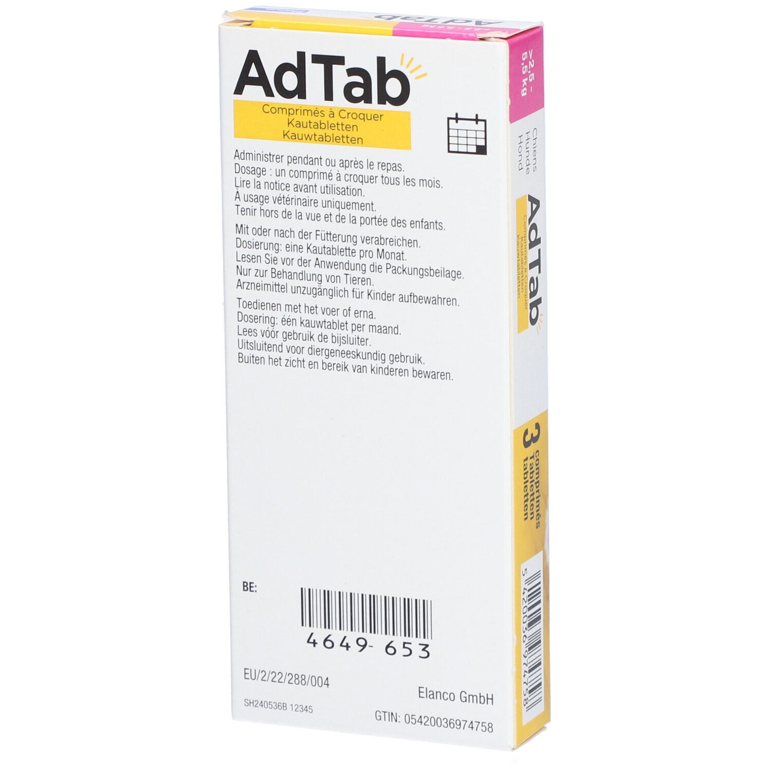 Dos de la boîte AdTab. Contient des informations d'utilisation et des ingrédients. Code-barres et coordonnées du fabricant.
