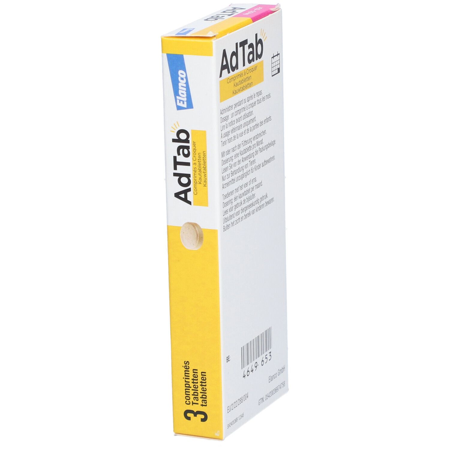 Boîte AdTab en biais. Contient 3 comprimés à croquer. Nom de la marque et informations sur le produit.