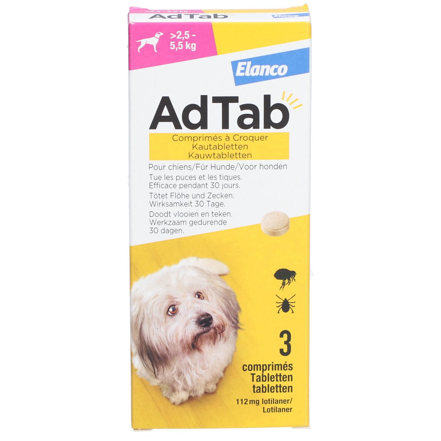 Boîte AdTab pour chiens. Contient 3 comprimés à croquer. Inscriptions: nom de la marque, chien, poids, ingrédients.