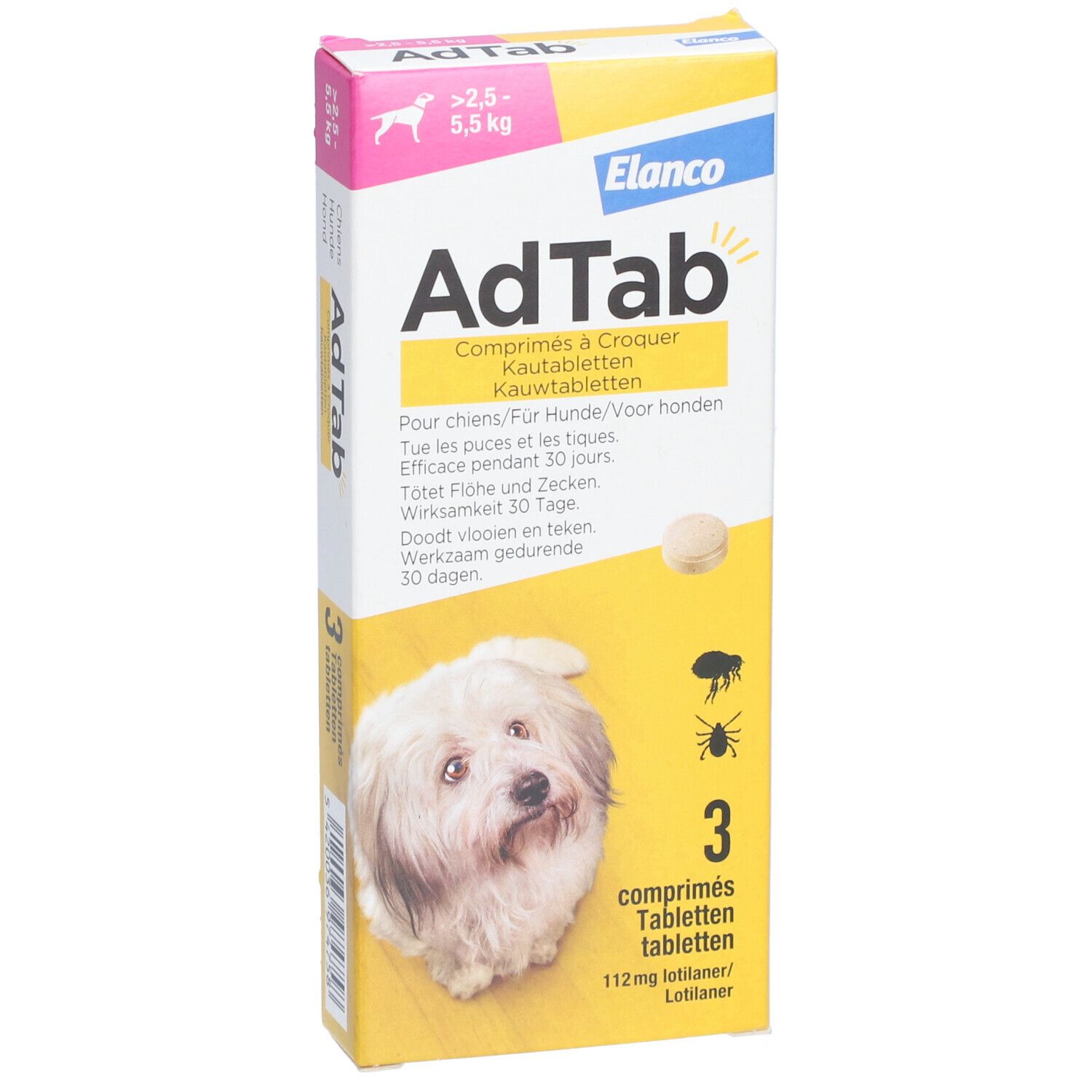 Boîte AdTab pour chiens. Contient 3 comprimés à croquer. Inscriptions: nom de la marque, chien, poids, ingrédients.