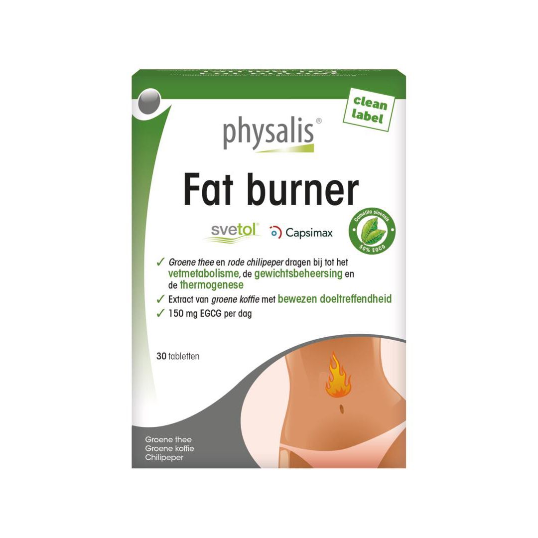Doosje "Fat burner" van physalis. Bevat 30 tabletten. Vegan-keurmerk. Bevat Svetol en Capsimax.