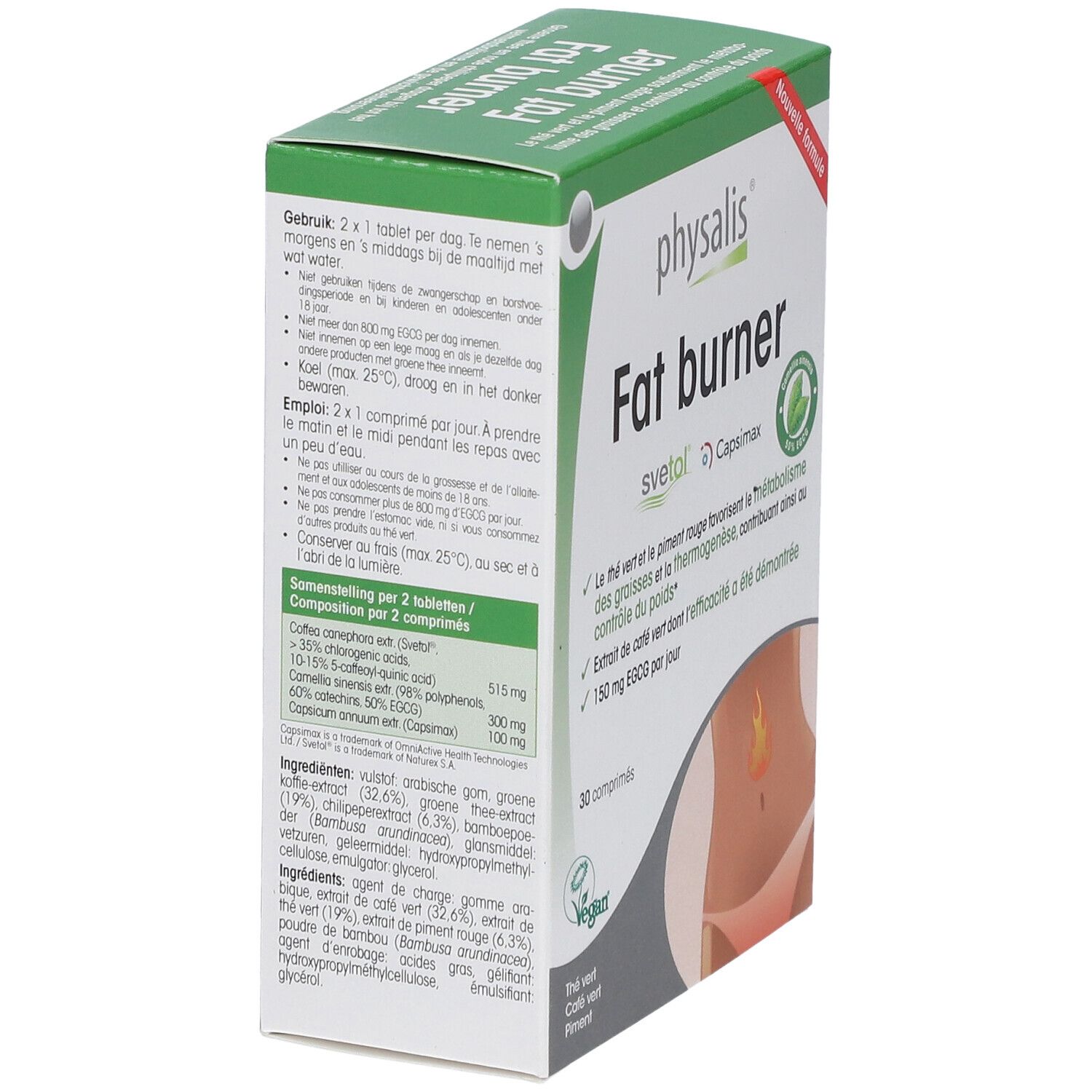 Achterkant van de doos "Fat burner" van physalis. Bevat informatie over ingrediënten en gebruik.