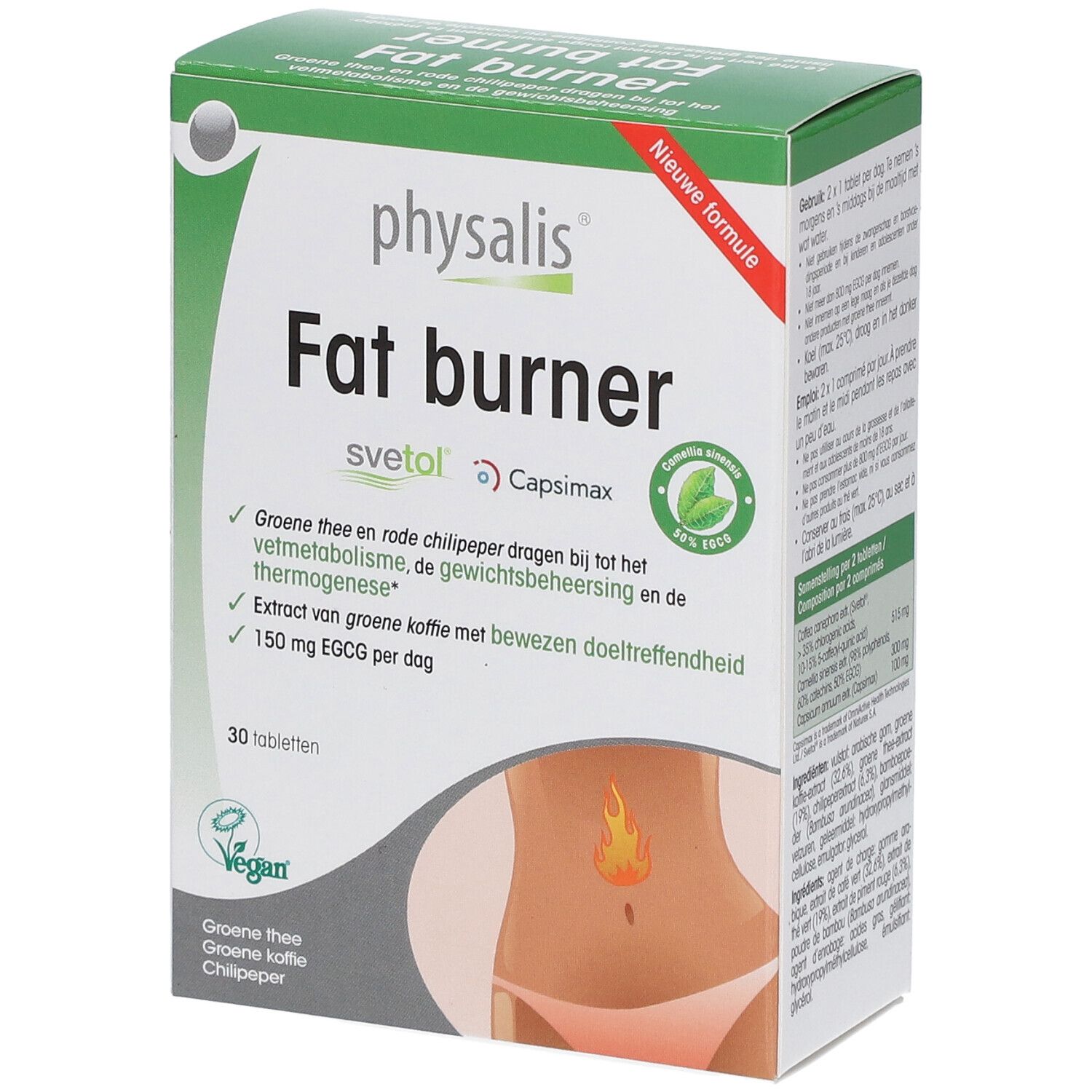 Doosje "Fat burner" van physalis. Bevat 30 tabletten. Vegan-keurmerk. Bevat Svetol en Capsimax.