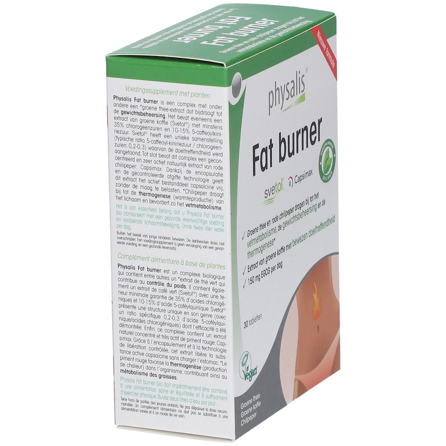 Achterkant van de doos "Fat burner" van physalis. Bevat informatie over ingrediënten en gebruik.