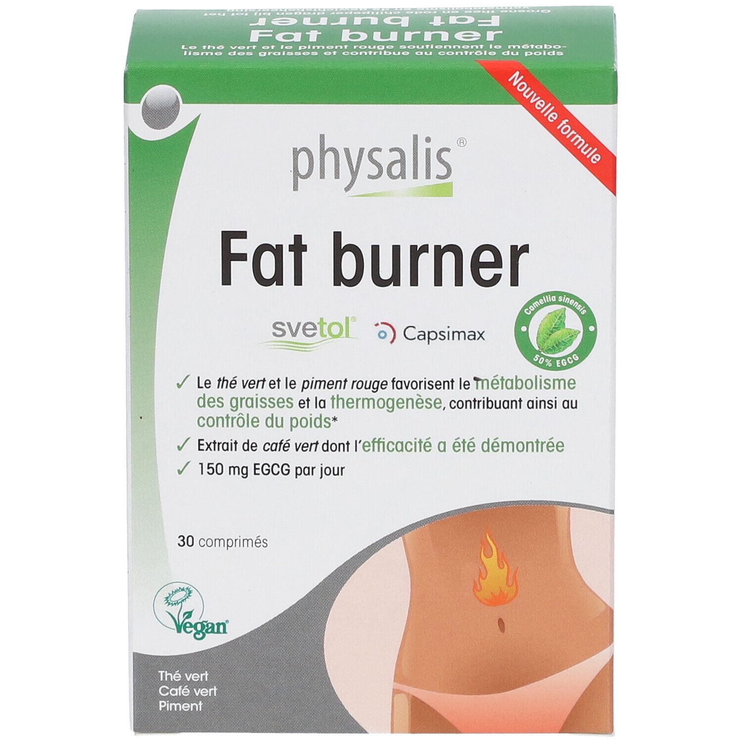 Doosje "Fat burner" van physalis. Bevat 30 tabletten. Vegan-keurmerk. Bevat Svetol en Capsimax.