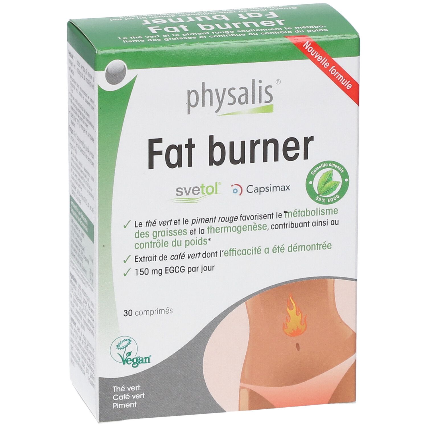 Doosje "Fat burner" van physalis. Bevat 30 tabletten. Vegan-keurmerk. Bevat Svetol en Capsimax.