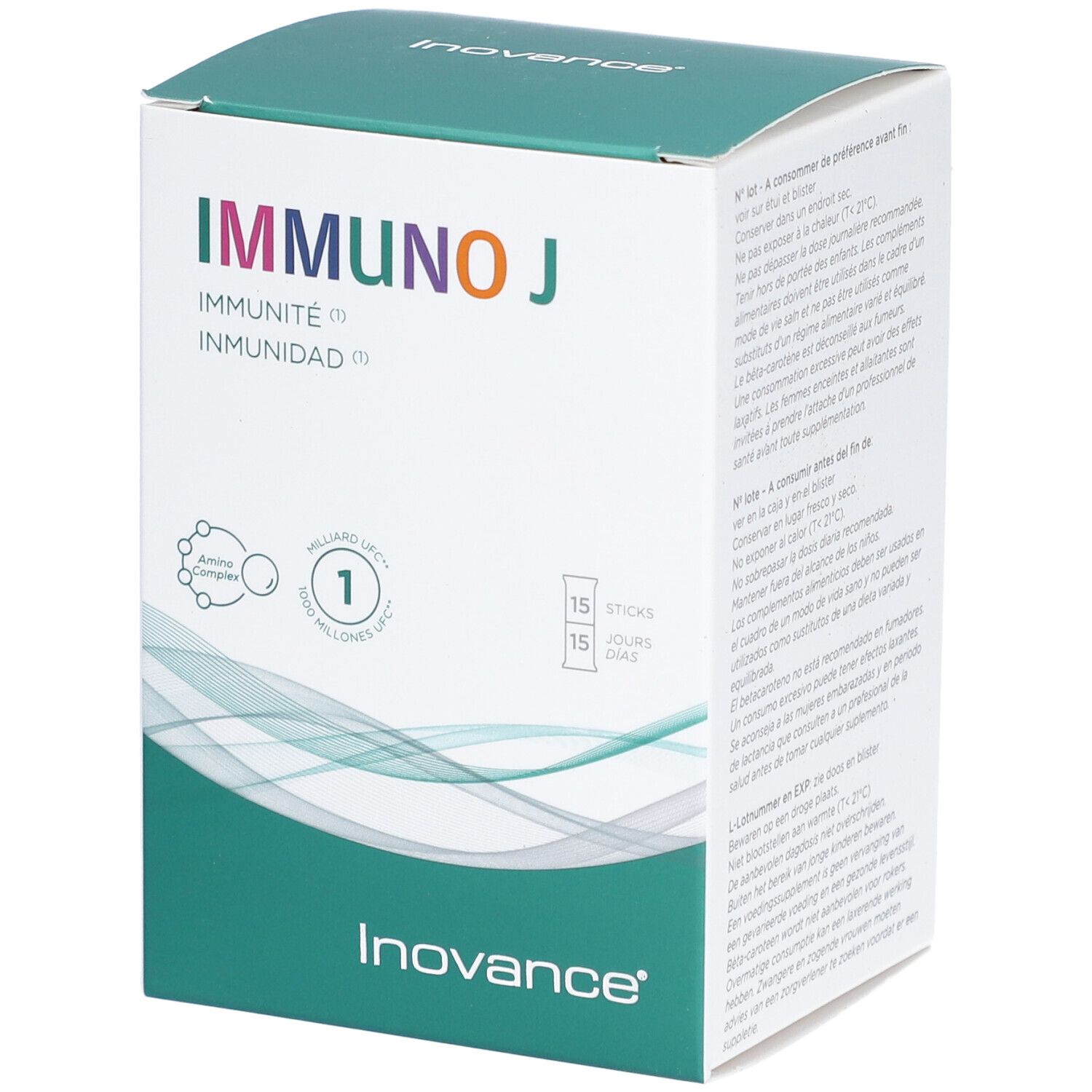 Karton mit Inovance Immuno J. Aufschrift: IMMUNO J, Immunität, 15 Sticks. Grün-weißes Design.