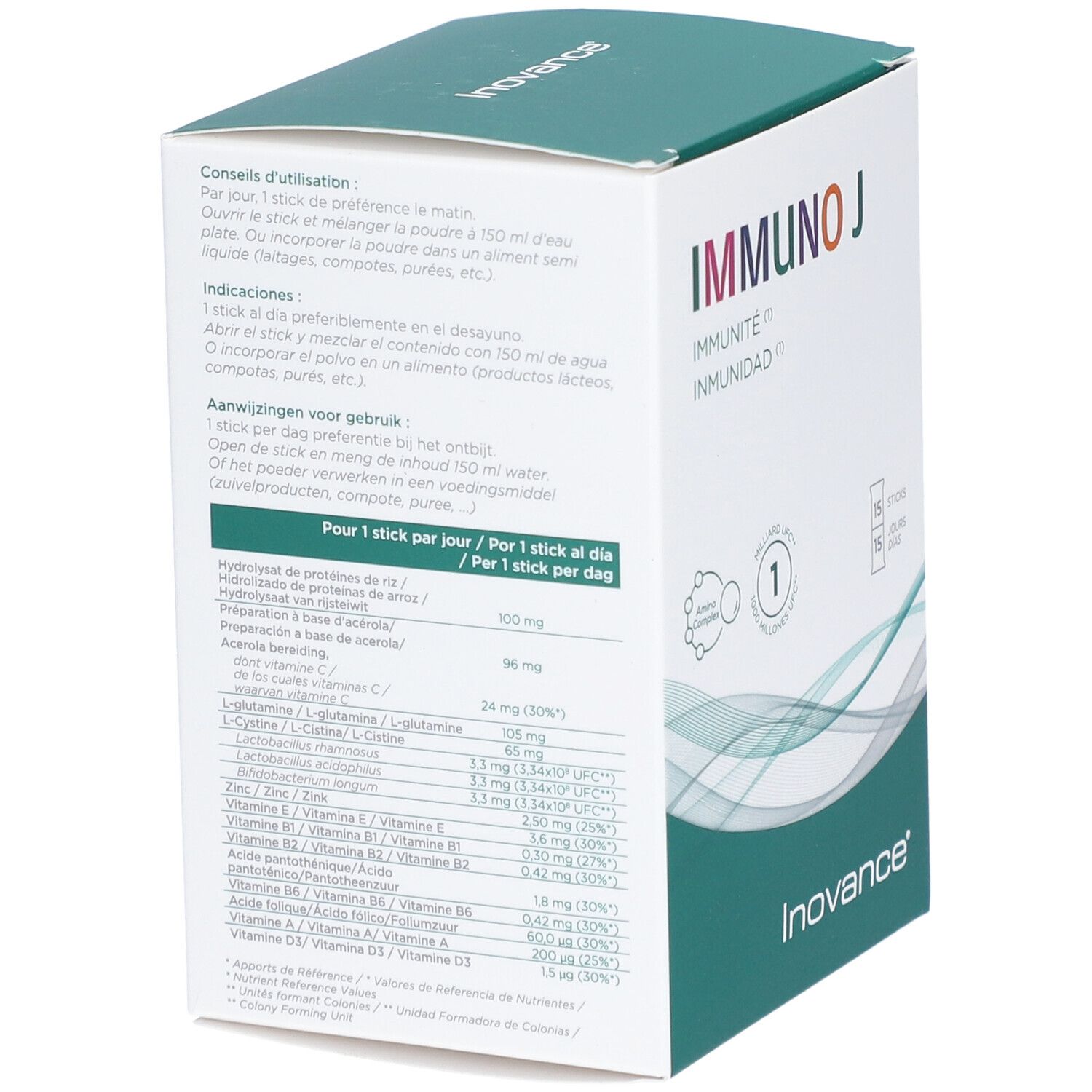 Kartonseite mit Inhaltsangaben von Inovance Immuno J. Enthält Nährwertangaben und Inhaltsstoffe.