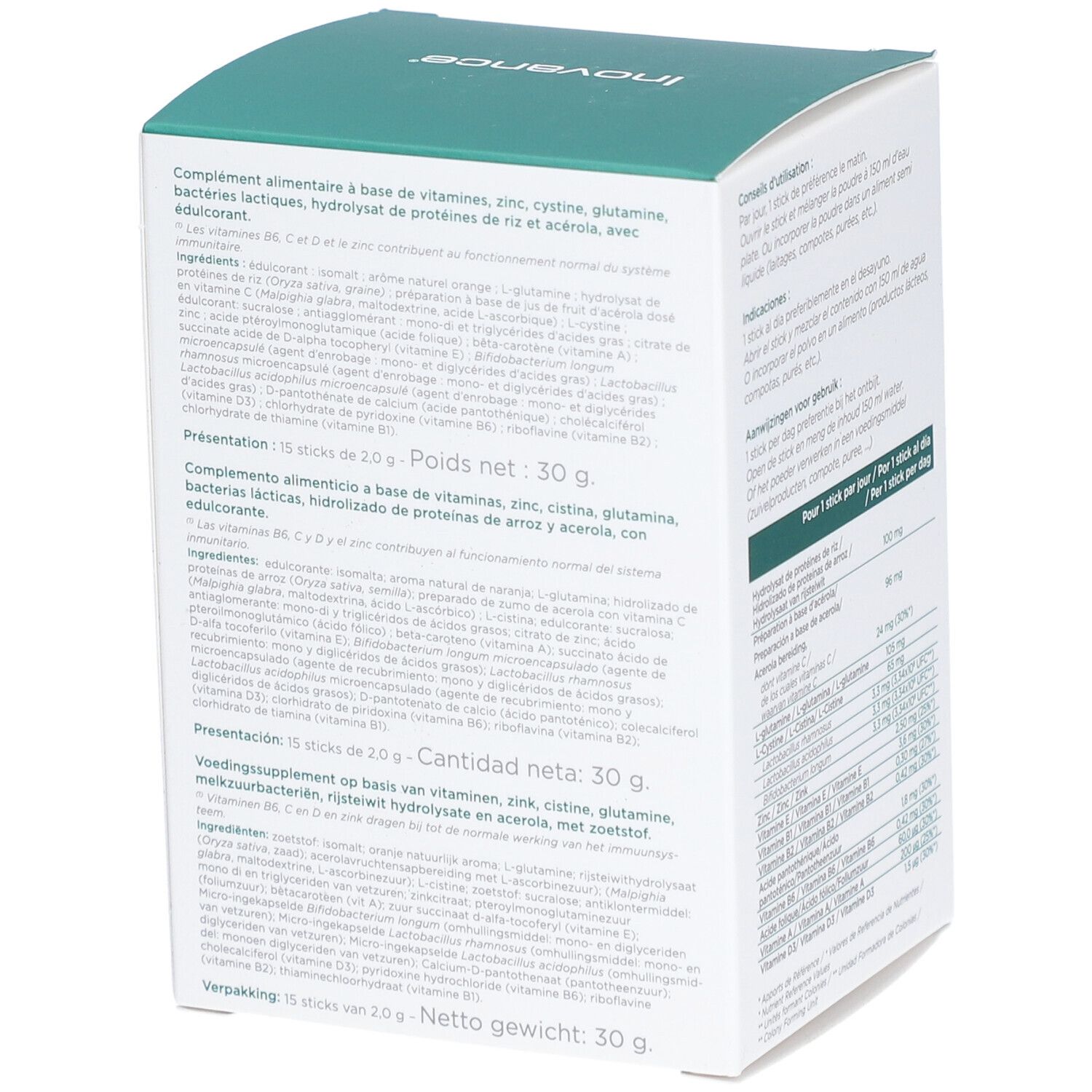 Rückseite der Inovance Immuno J-Verpackung. Enthält Informationen zu Inhaltsstoffen und Nährwerten.