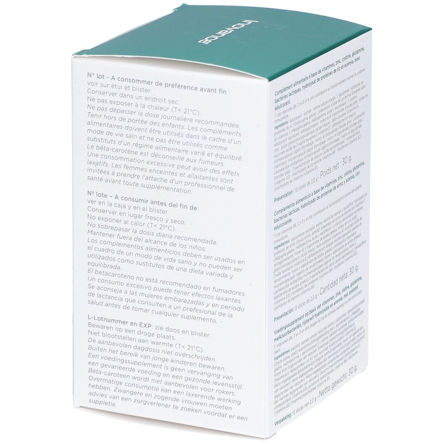 Seite der Inovance Immuno J-Verpackung mit Lagerhinweisen und Verfallsdatum.