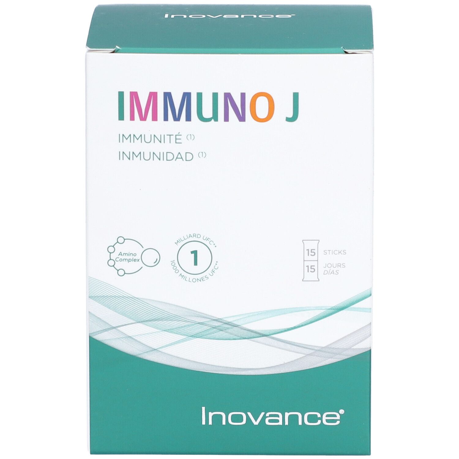 Inovance Immuno J-Verpackung. Aufschrift: IMMUNO J, Immunität, 15 Sticks. Grün-weißes Design.
