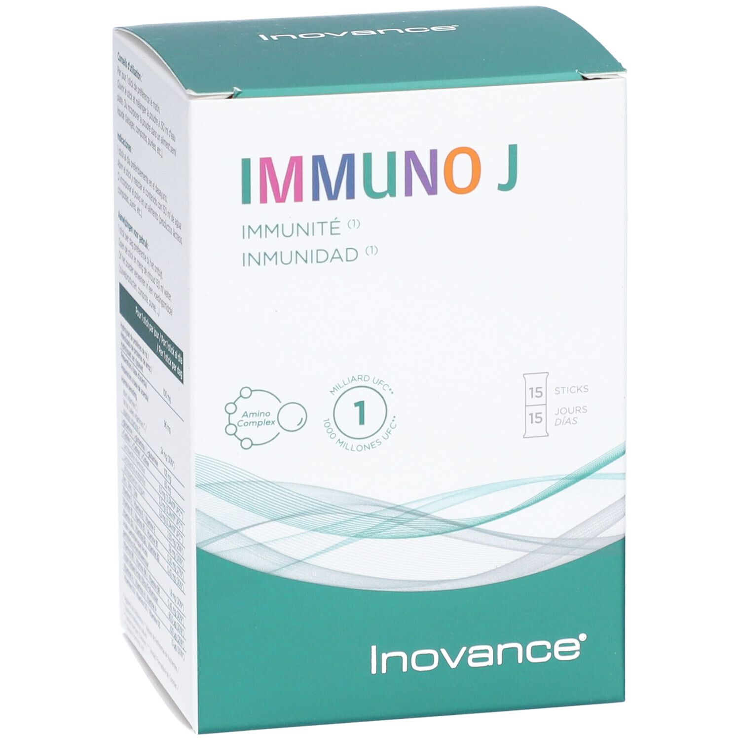 Inovance Immuno J-Verpackung. Aufschrift: IMMUNO J, Immunität, 15 Sticks. Grün-weißes Design.