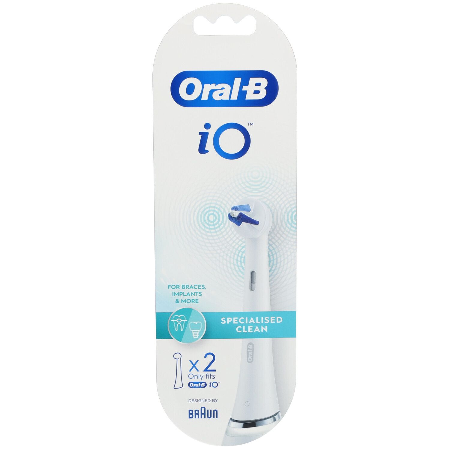 Tête de brosse à dents en blister. Marque Oral-B iO. Nettoyage spécialisé pour appareils orthodontiques. Deux pièces.