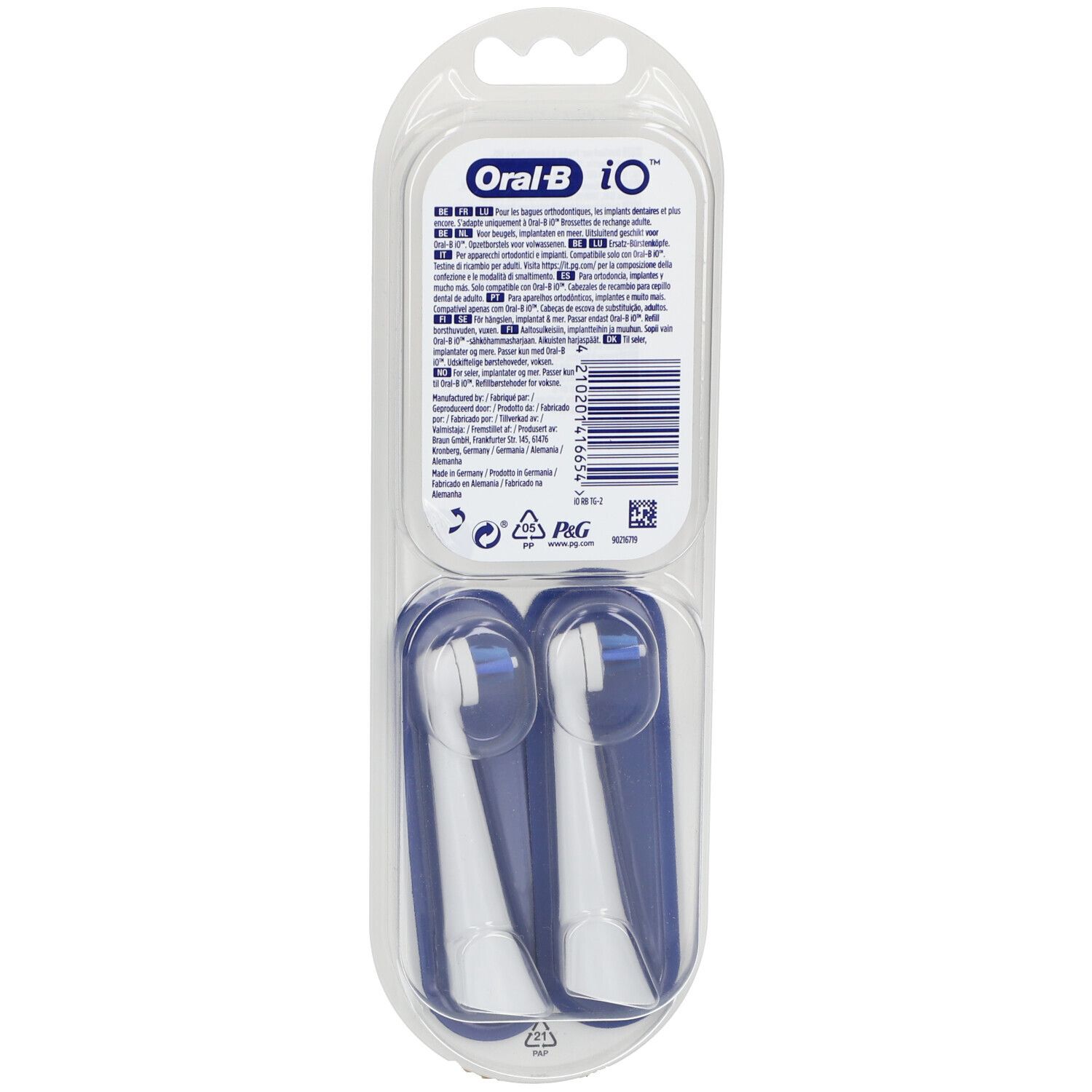 Dos de l'emballage blister avec deux têtes de brosse à dents. Marque Oral-B iO. Informations produit et code-barres.