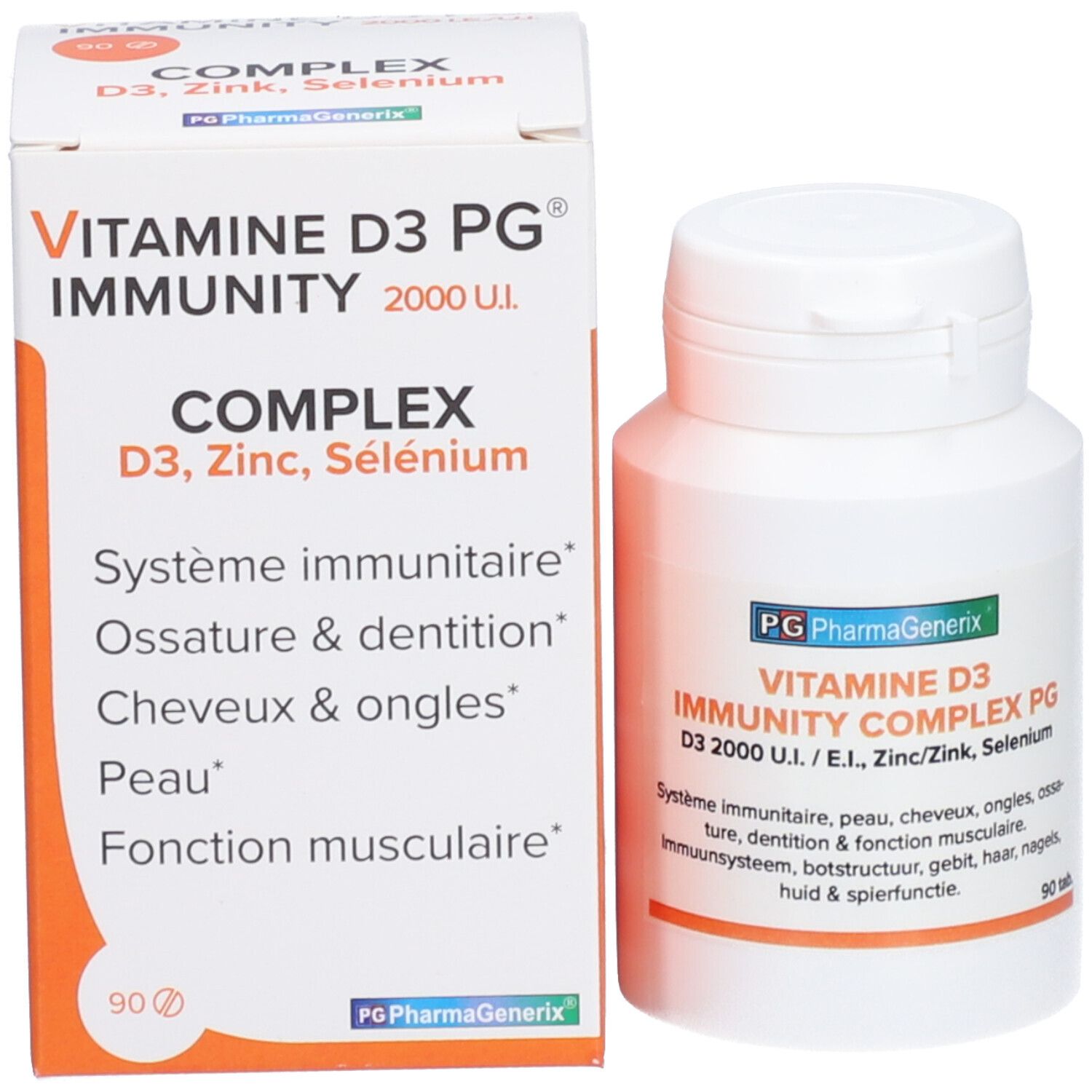Flacon et boîte du produit. Boîte avec nom du produit et ingrédients. 90 comprimés.