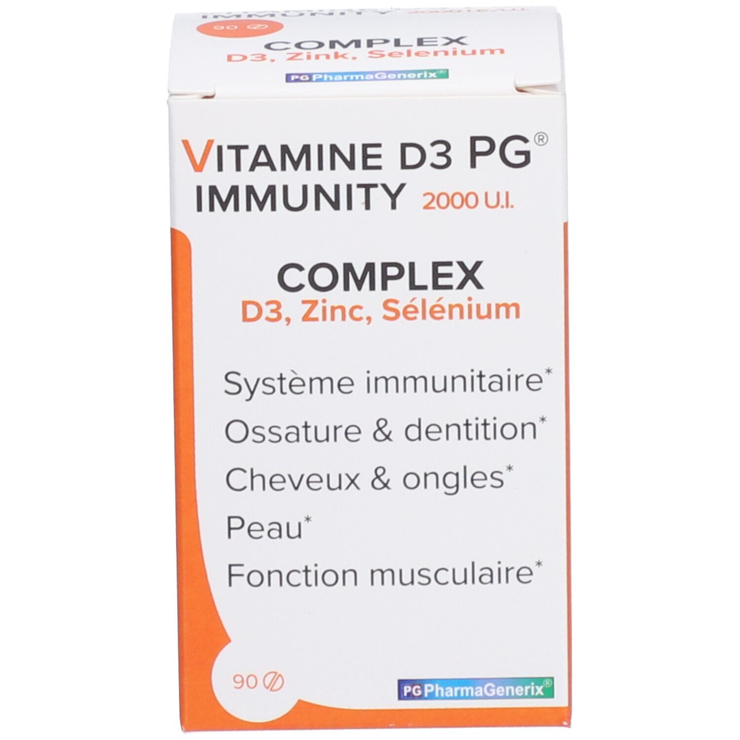 Emballage du produit. Boîte avec nom du produit et ingrédients. 90 comprimés.