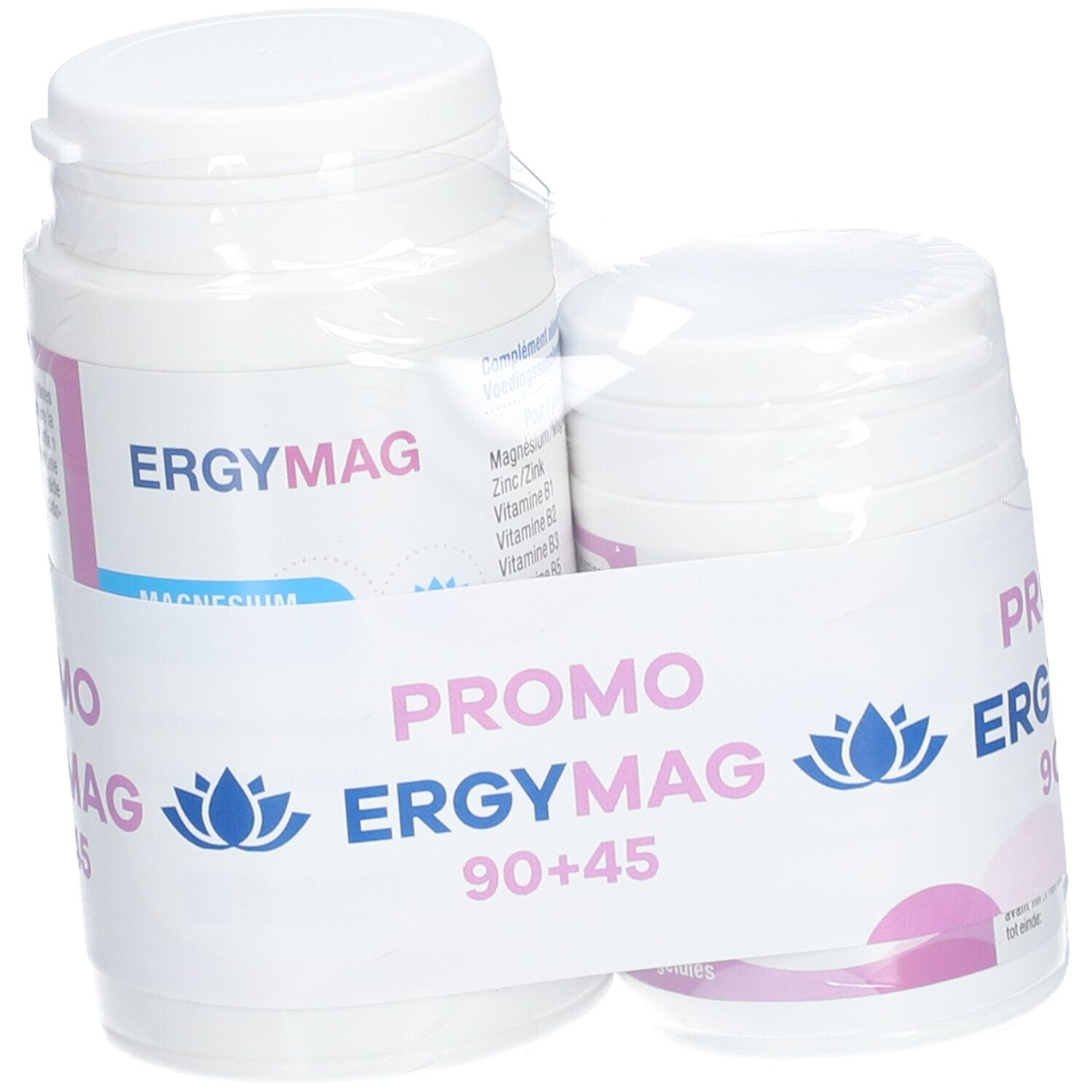 Deux flacons blancs sous film plastique. Inscription: ERGYMAG, PROMO ERGYMAG 90+45. Informations supplémentaires sur les étiquettes.