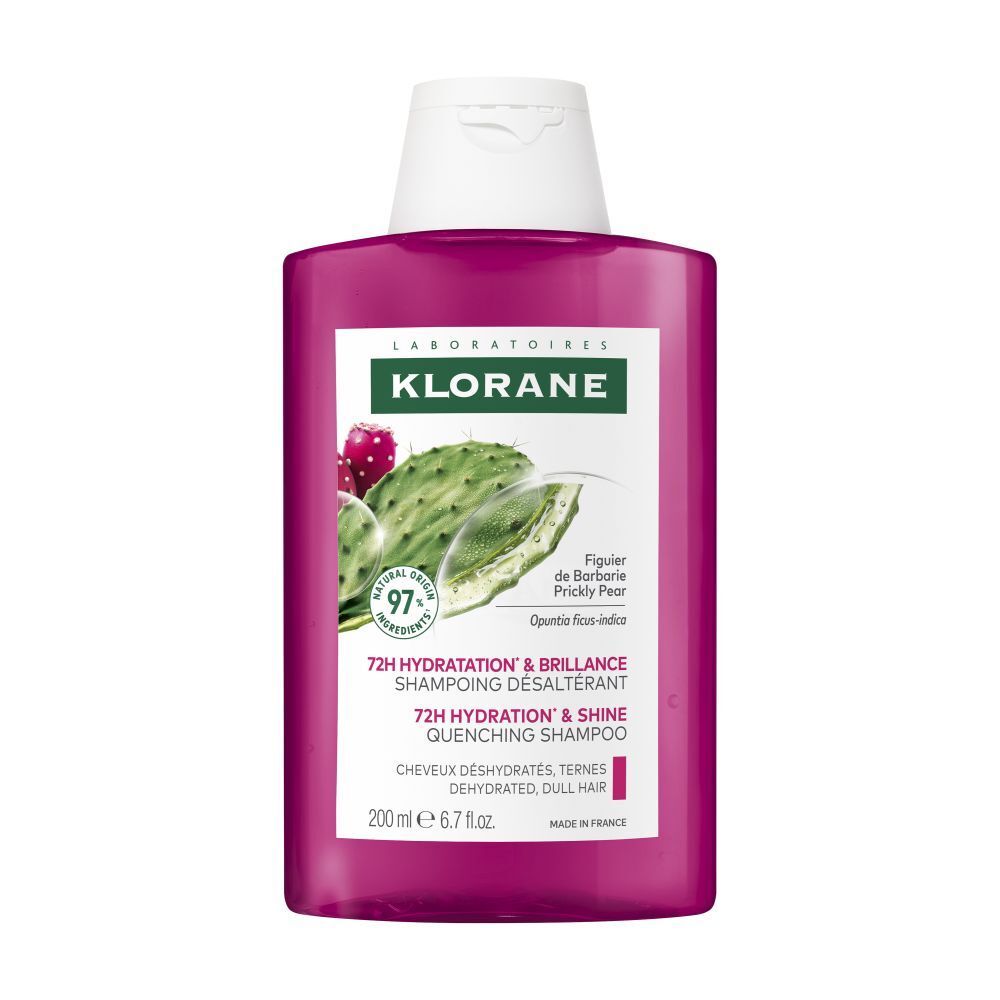 Flacon de shampooing Klorane rose, illustration de figue de Barbarie. Contient 200 ml. 97% d'ingrédients d'origine naturelle.