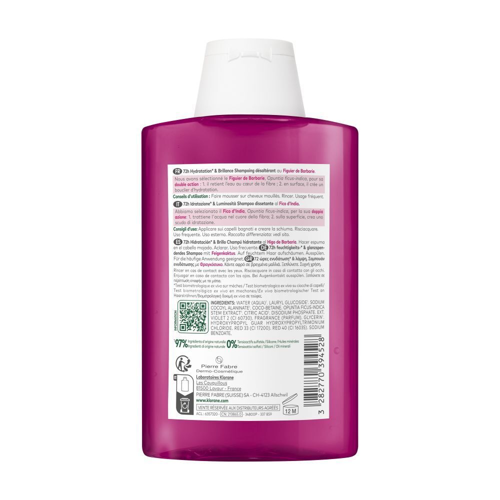Dos du flacon de shampooing Klorane. Contient des informations et un code QR. Certification vegan et 97% d'ingrédients naturels.