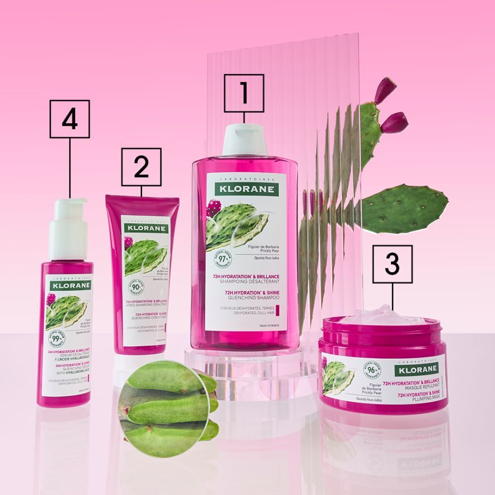 Gamme de produits Klorane. Shampooing, crème, sérum. Emballage rose.